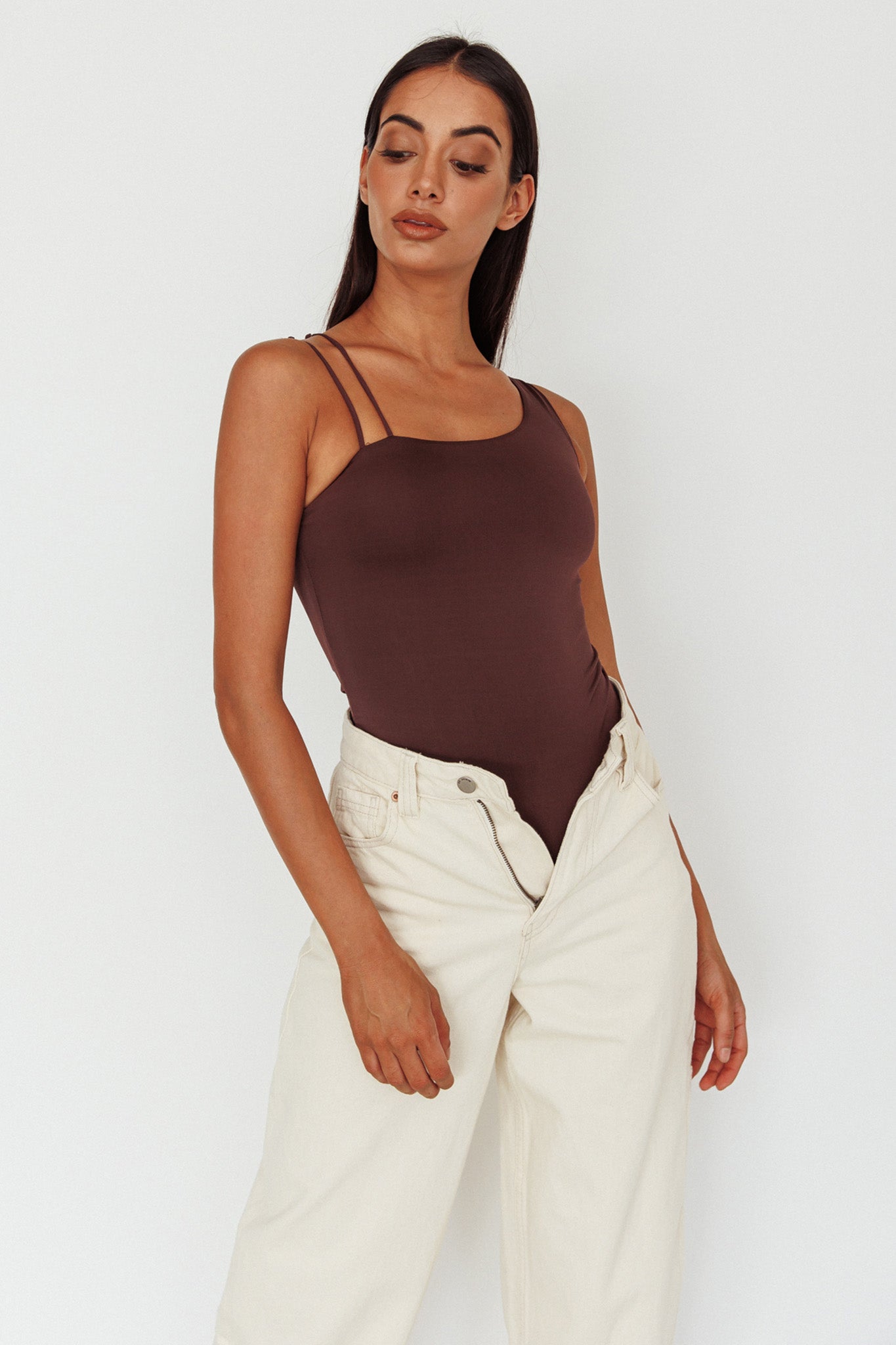 Bare Double Strap Bodysuit Brown by Selfie Leslie Australia