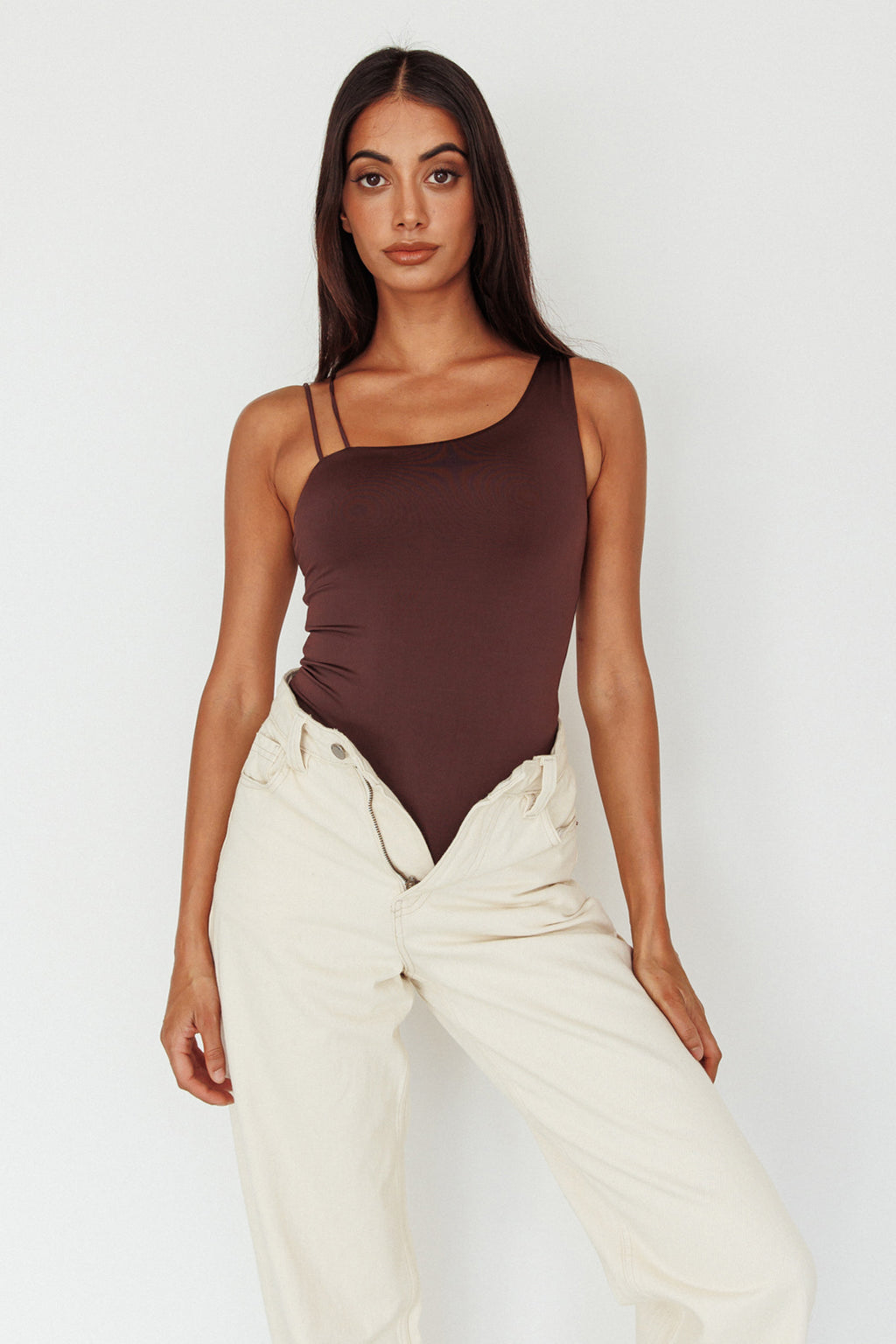 Bare Double Strap Bodysuit Brown by Selfie Leslie Australia