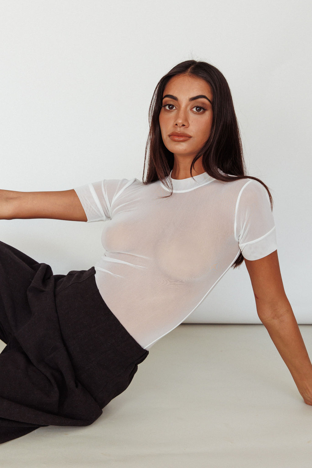 Kyoto Sheer Short Sleeve Bodysuit White by Selfie Leslie Australia