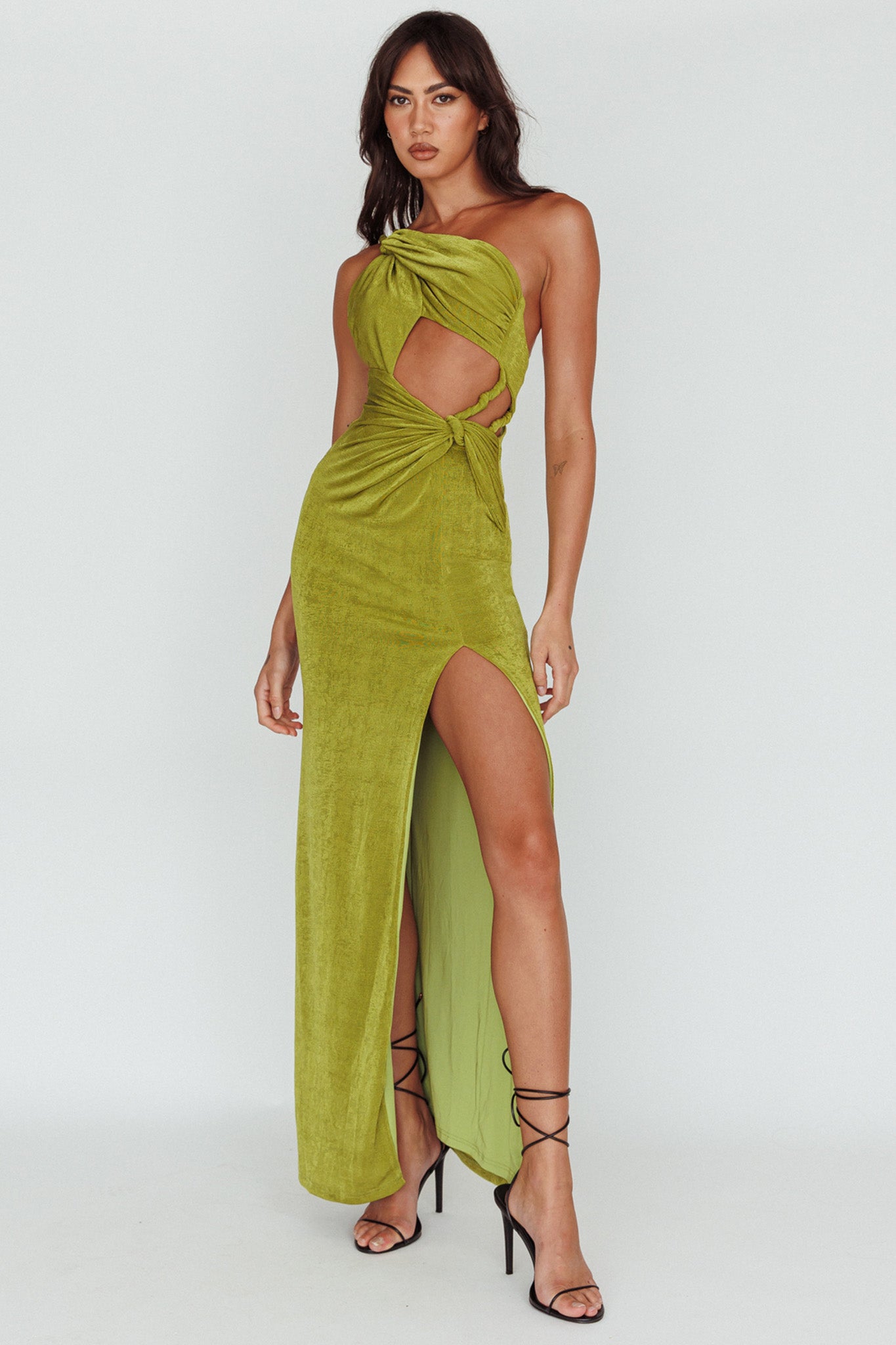 Kiah Twist Accent Thigh Split Midi Dress Moss by Selfie Leslie Australia