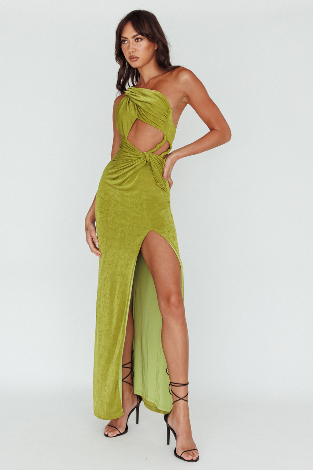 Kiah Twist Accent Thigh Split Midi Dress Moss by Selfie Leslie Australia