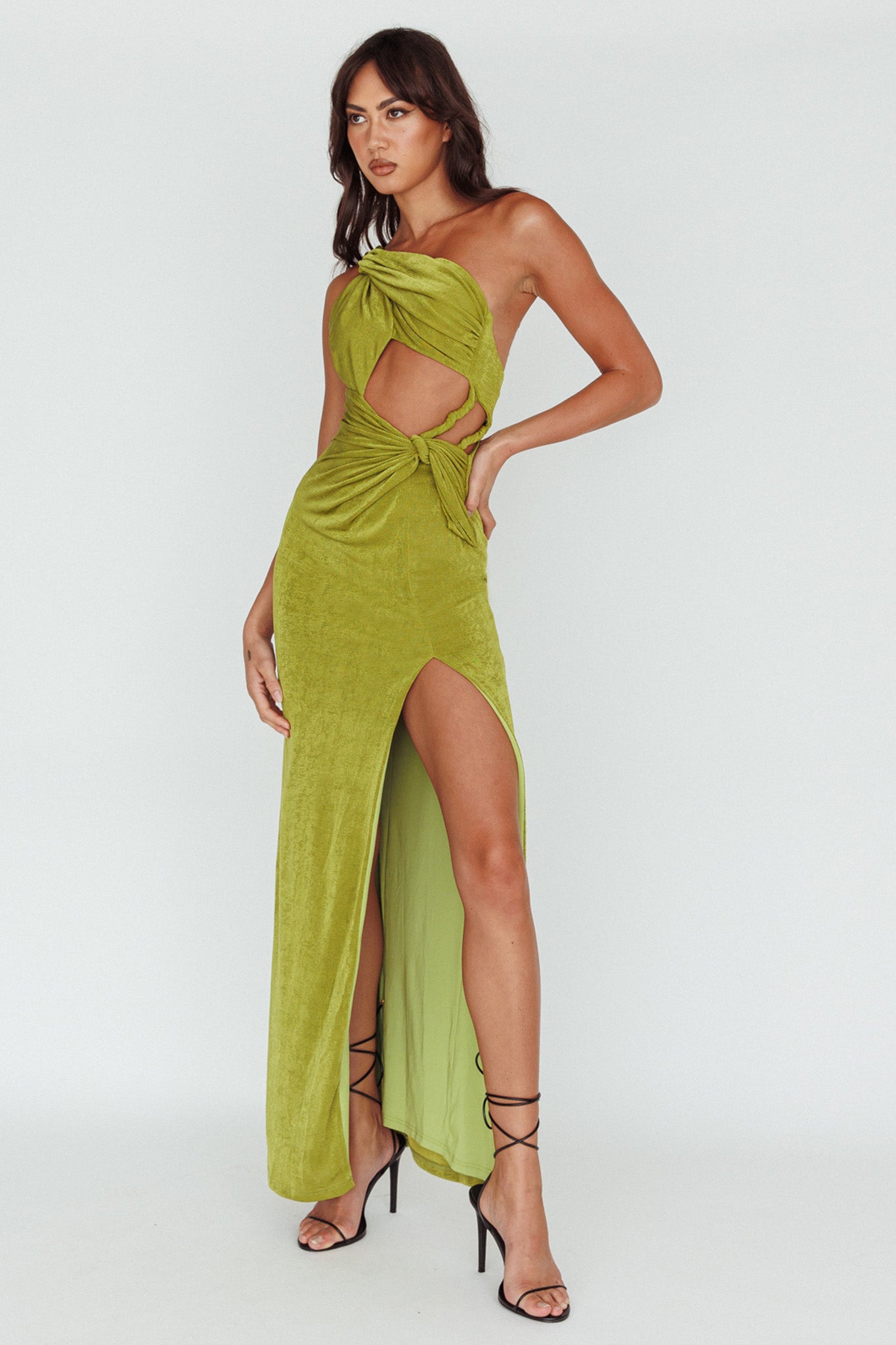 Kiah Twist Accent Thigh Split Midi Dress Moss by Selfie Leslie Australia