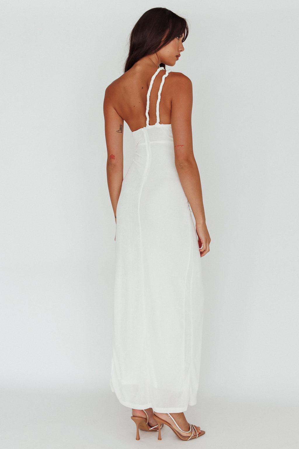Kiah Twist Accent Thigh Split Midi Dress White by Selfie Leslie Australia