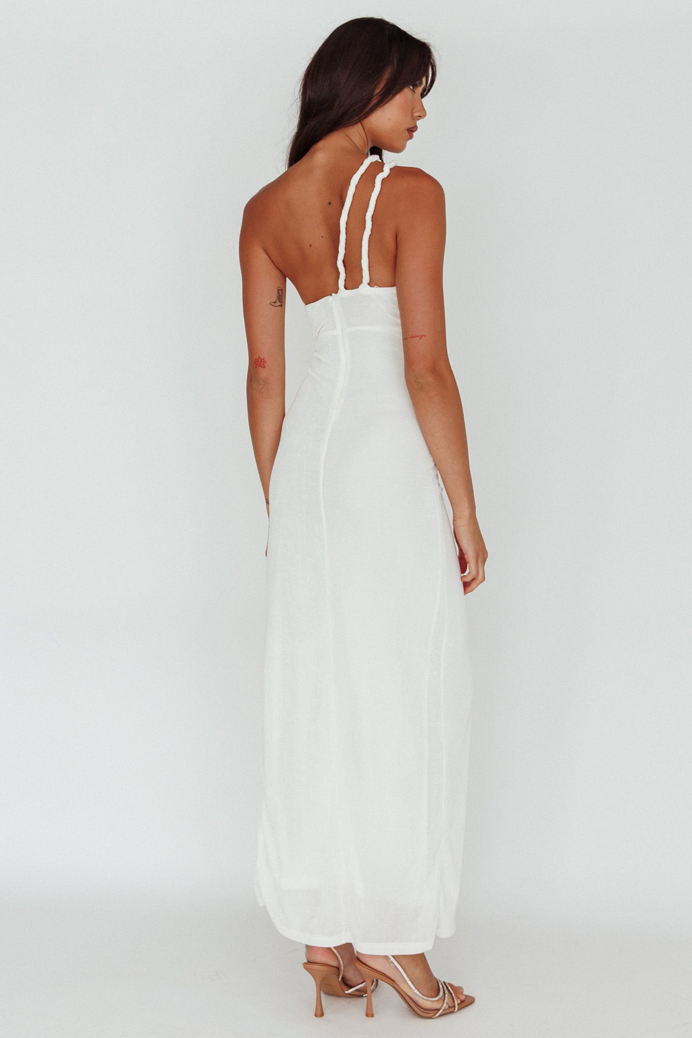 Kiah Twist Accent Thigh Split Midi Dress White by Selfie Leslie Australia