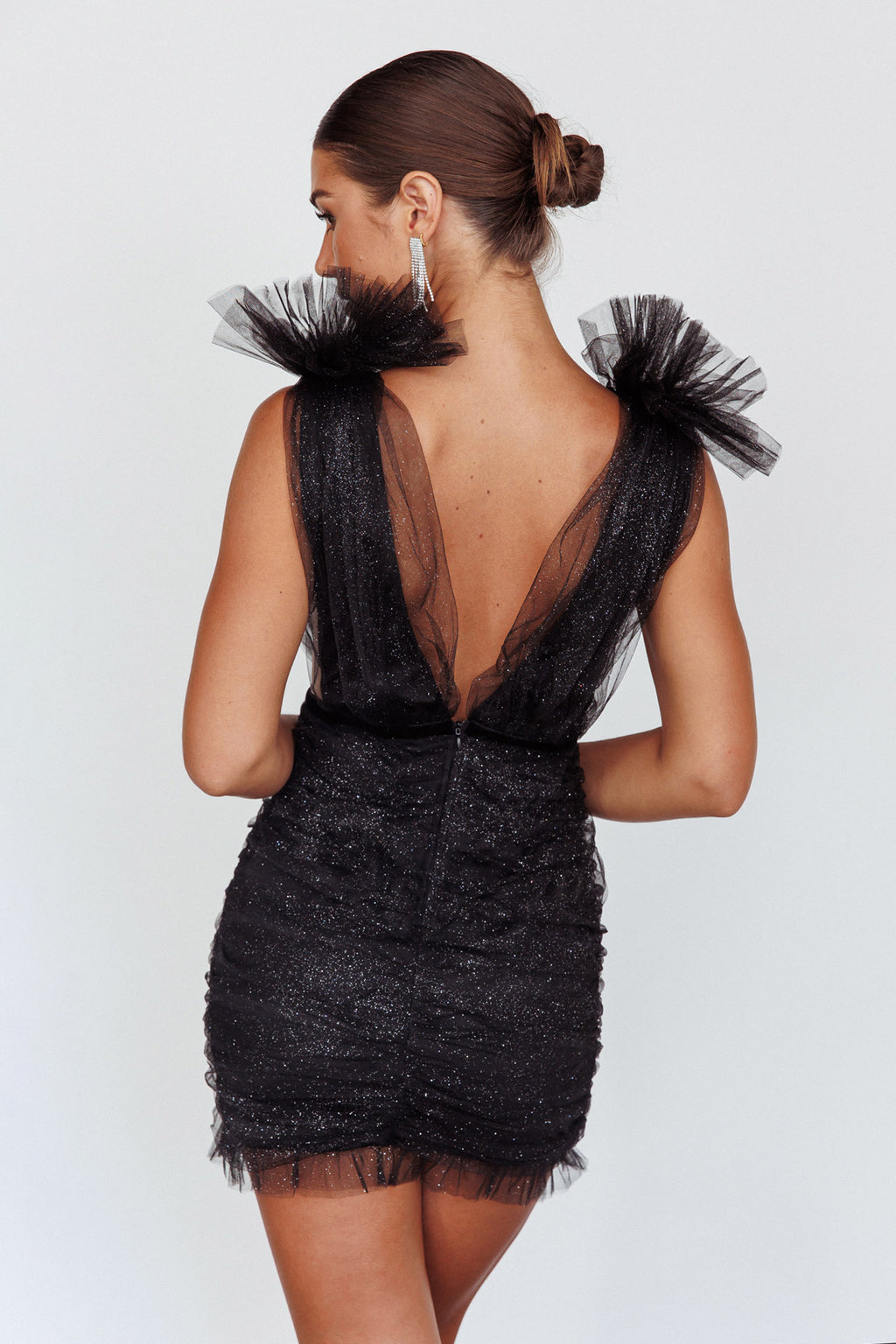Ludivine Shoulder Accent Mesh Mini Dress Black Glitter by Selfie Leslie Australia