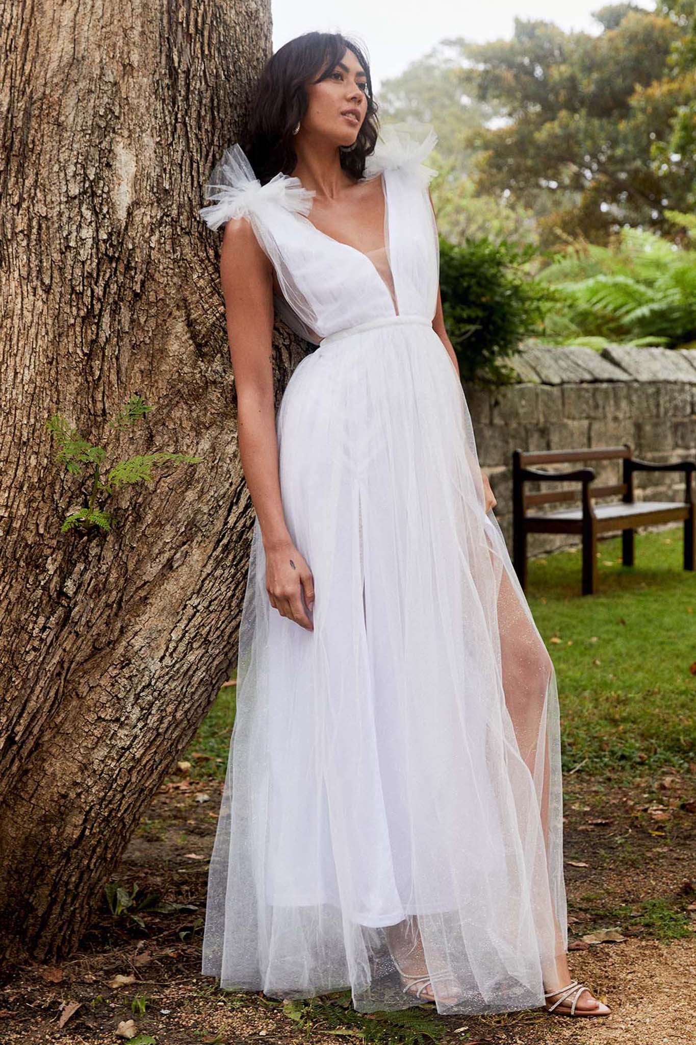Ludivine Shoulder Accent Mesh Midi Dress Glitter White by Selfie Leslie Australia