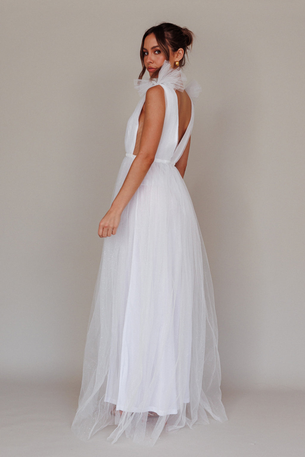 Ludivine Shoulder Accent Mesh Midi Dress Glitter White by Selfie Leslie Australia