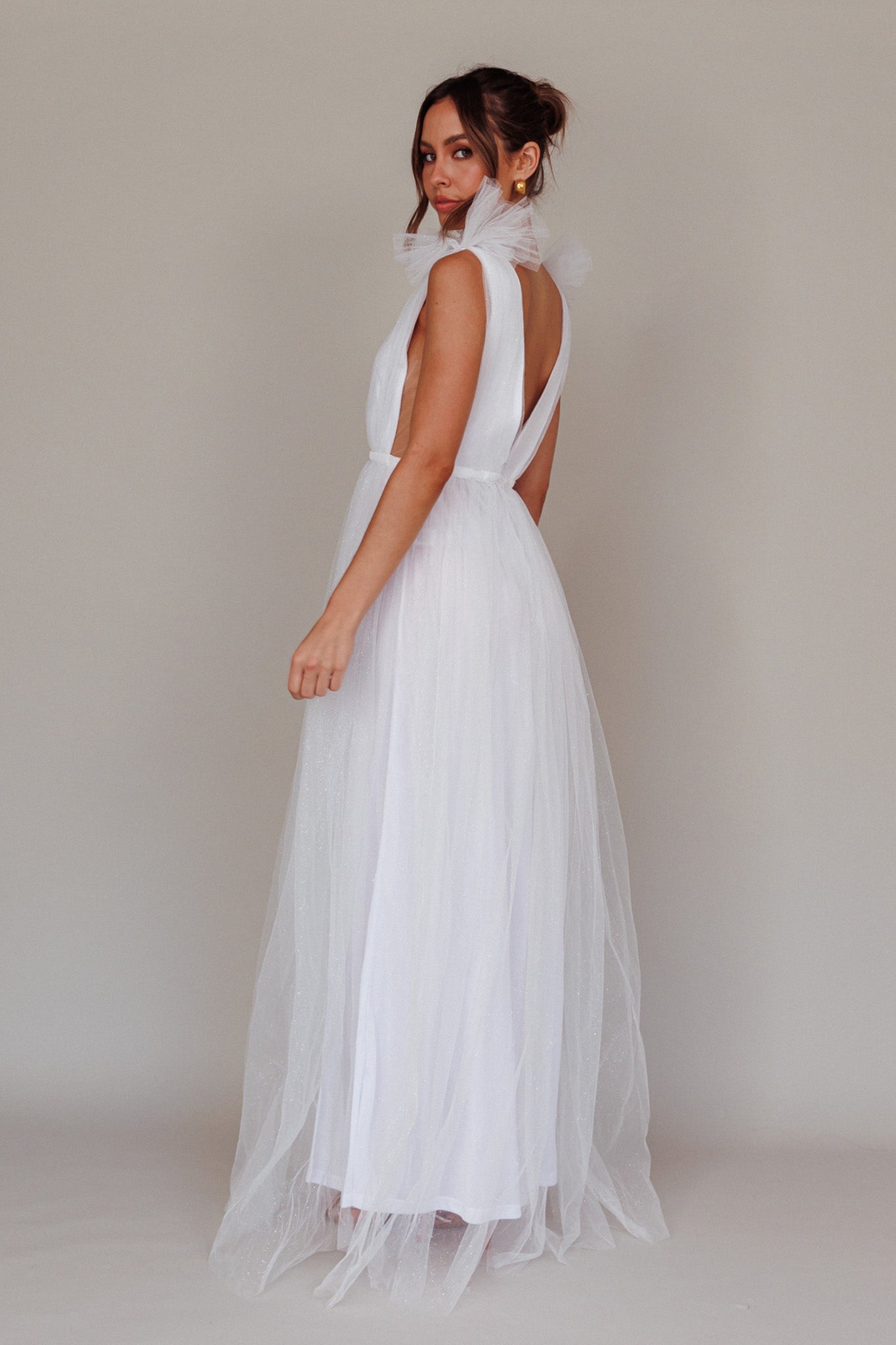 Ludivine Shoulder Accent Mesh Midi Dress Glitter White by Selfie Leslie Australia