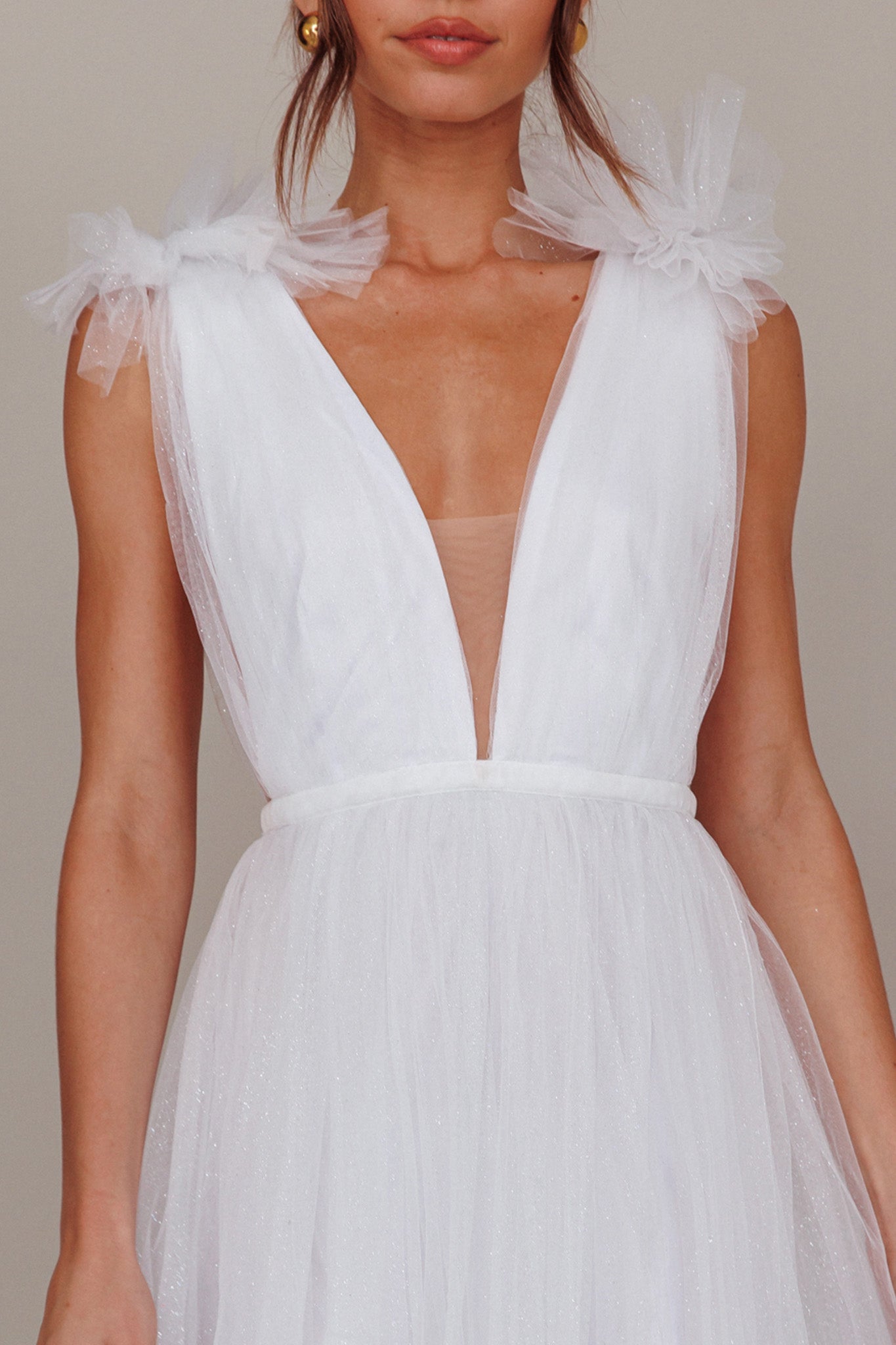 Ludivine Shoulder Accent Mesh Midi Dress Glitter White by Selfie Leslie Australia