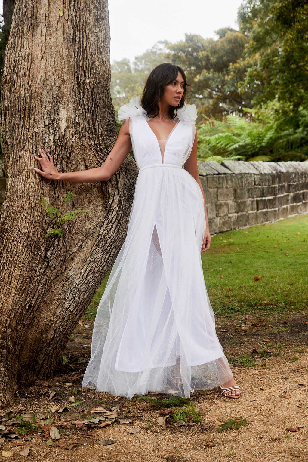 Ludivine Shoulder Accent Mesh Midi Dress Glitter White by Selfie Leslie Australia