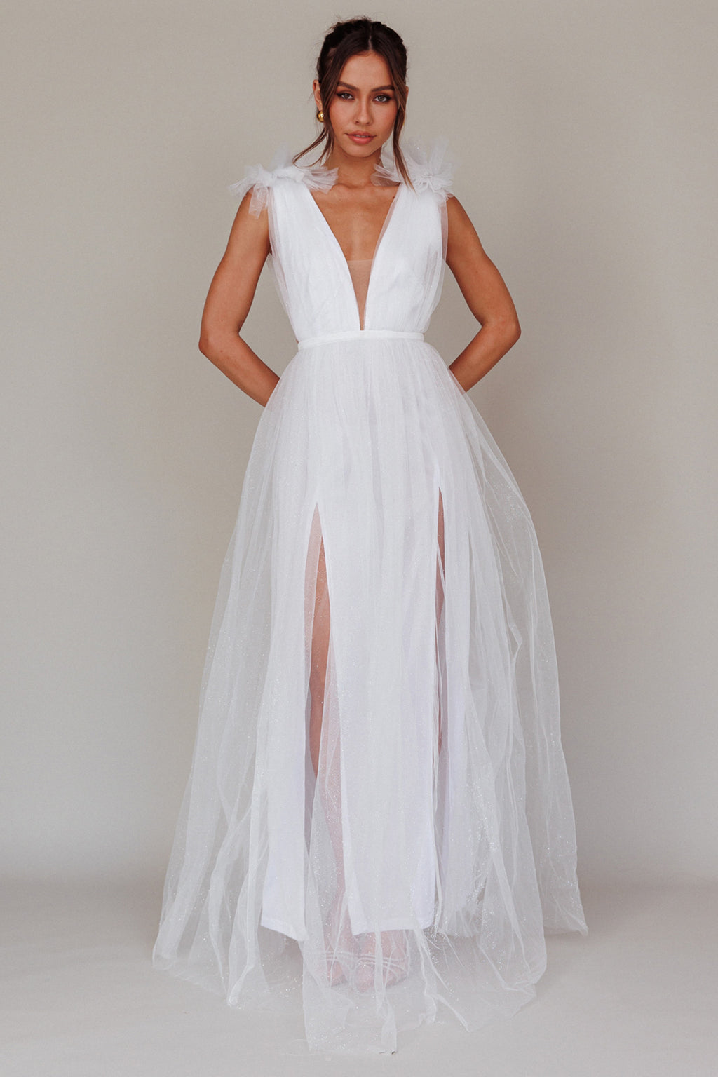 Ludivine Shoulder Accent Mesh Midi Dress Glitter White by Selfie Leslie Australia