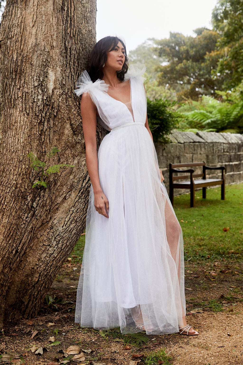 Ludivine Shoulder Accent Mesh Midi Dress Glitter White by Selfie Leslie Australia