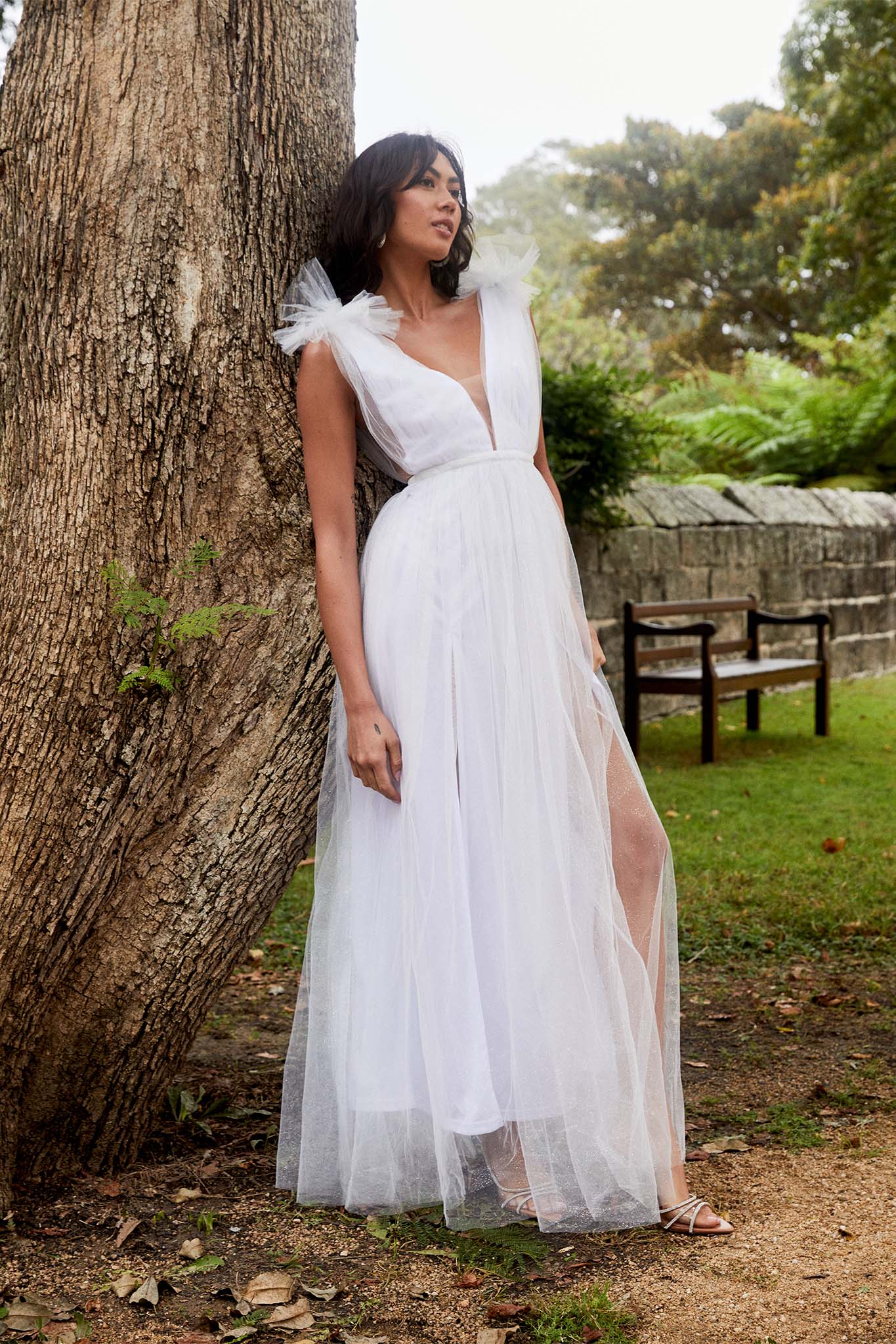 Ludivine Shoulder Accent Mesh Midi Dress Glitter White by Selfie Leslie Australia