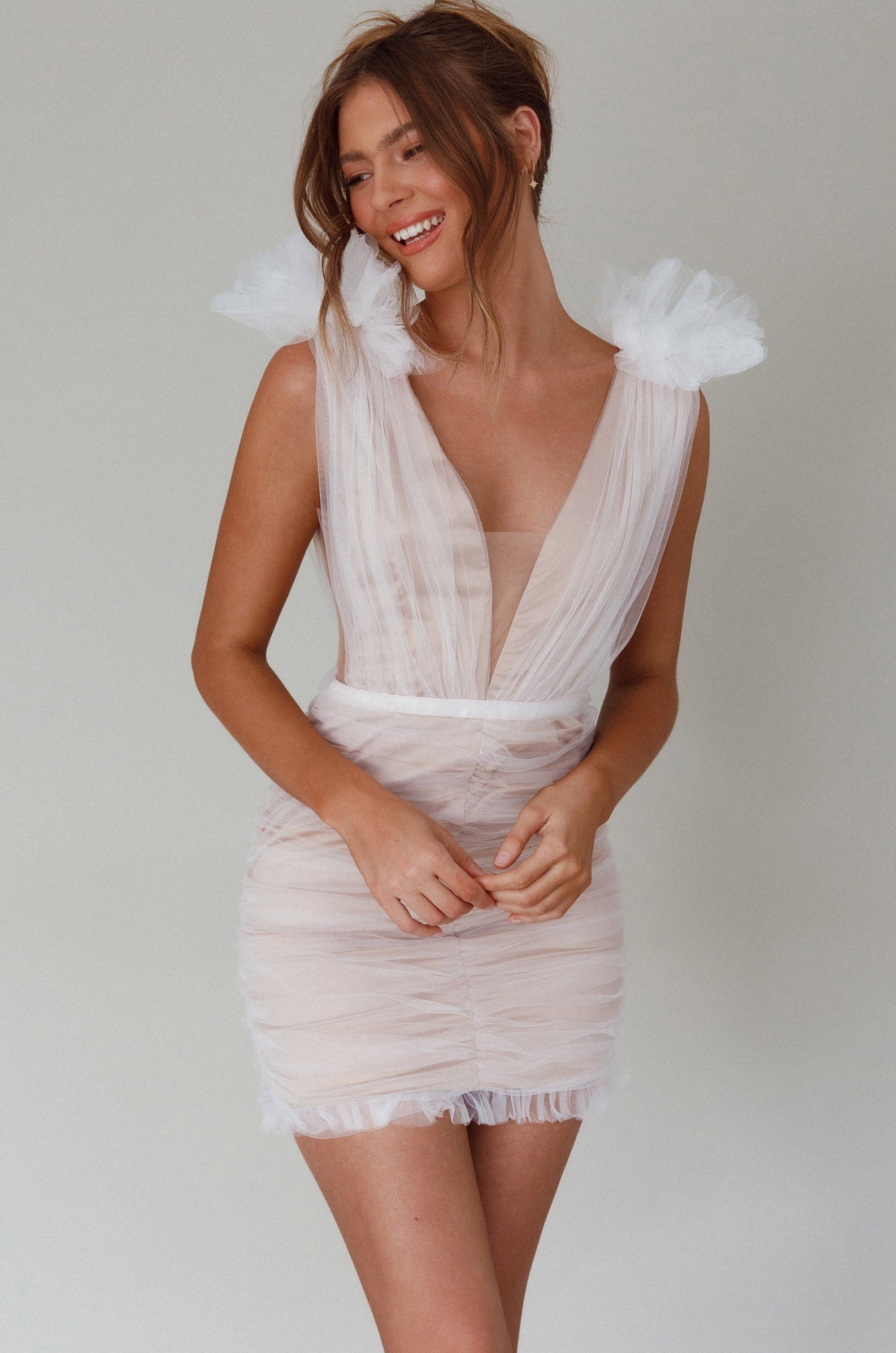 Ludivine Shoulder Accent Mesh Mini Dress White by Selfie Leslie Australia