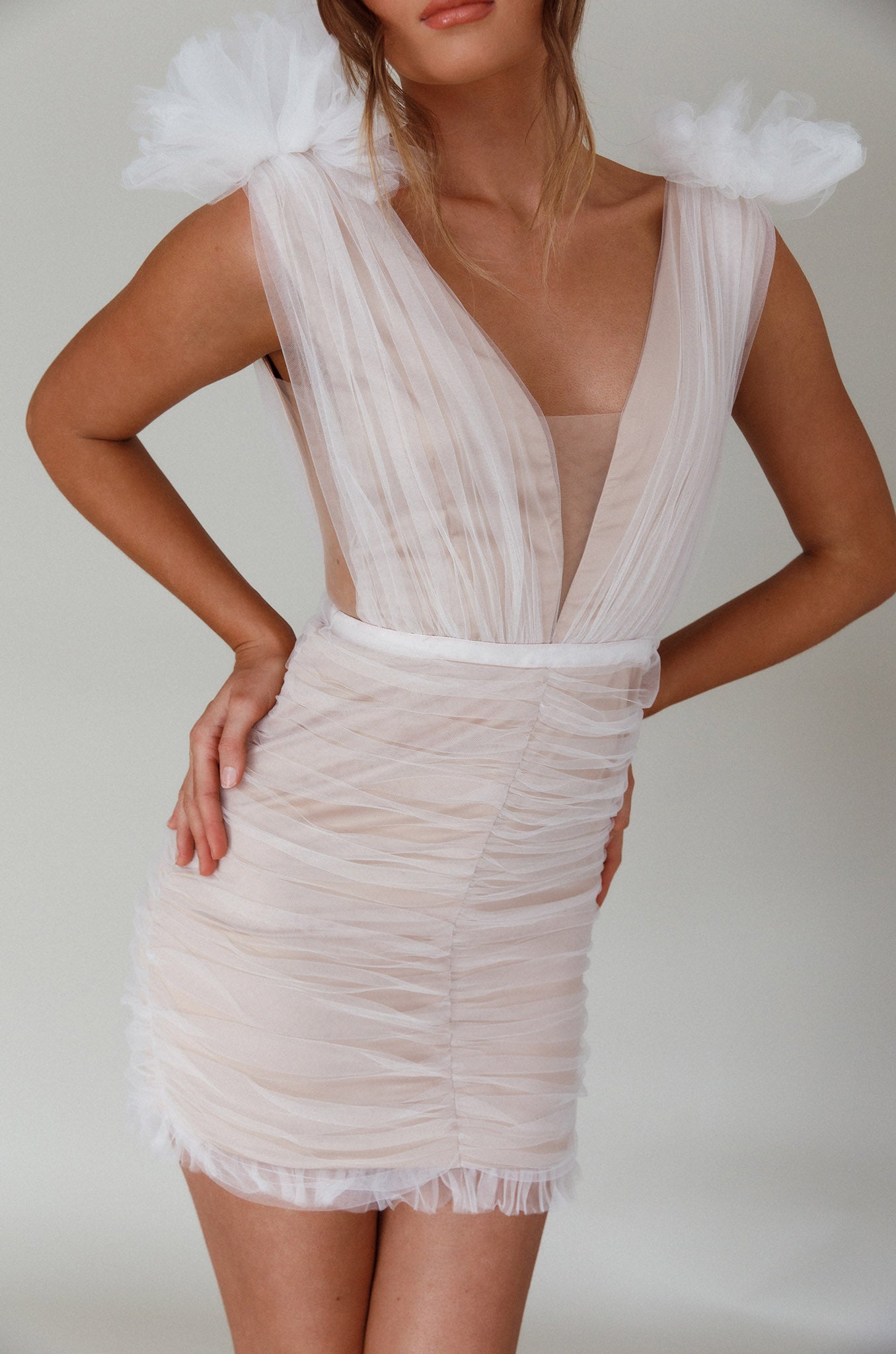Ludivine Shoulder Accent Mesh Mini Dress White by Selfie Leslie Australia
