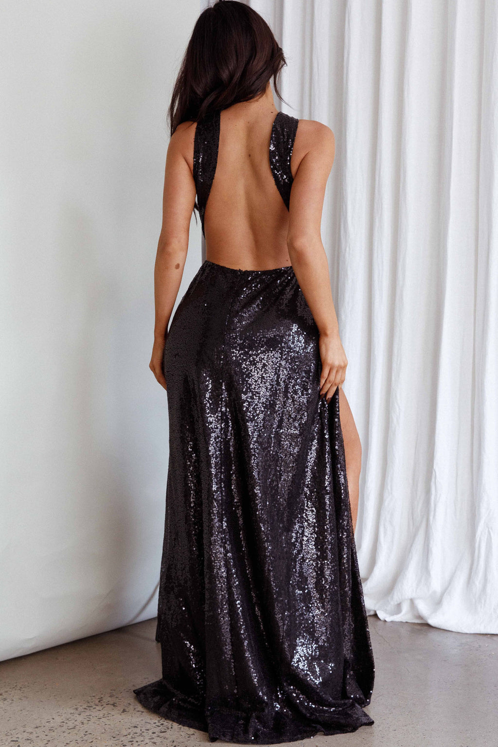 Kimba High Split Sequin Dress Black by Selfie Leslie Australia