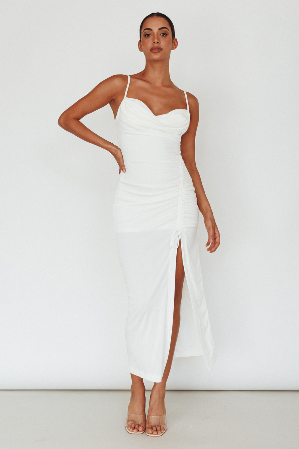Samba Night Drawstring Ruched Midi Dress White by Selfie Leslie Australia