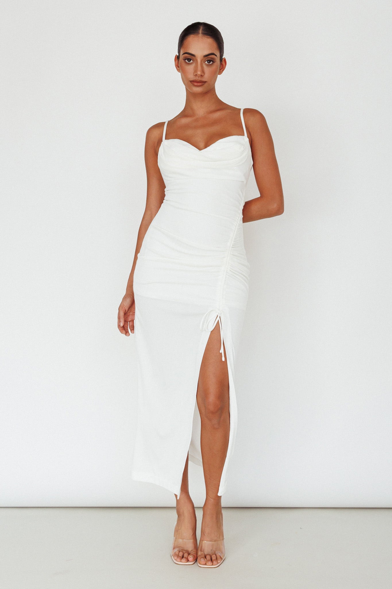 Samba Night Drawstring Ruched Midi Dress White by Selfie Leslie Australia