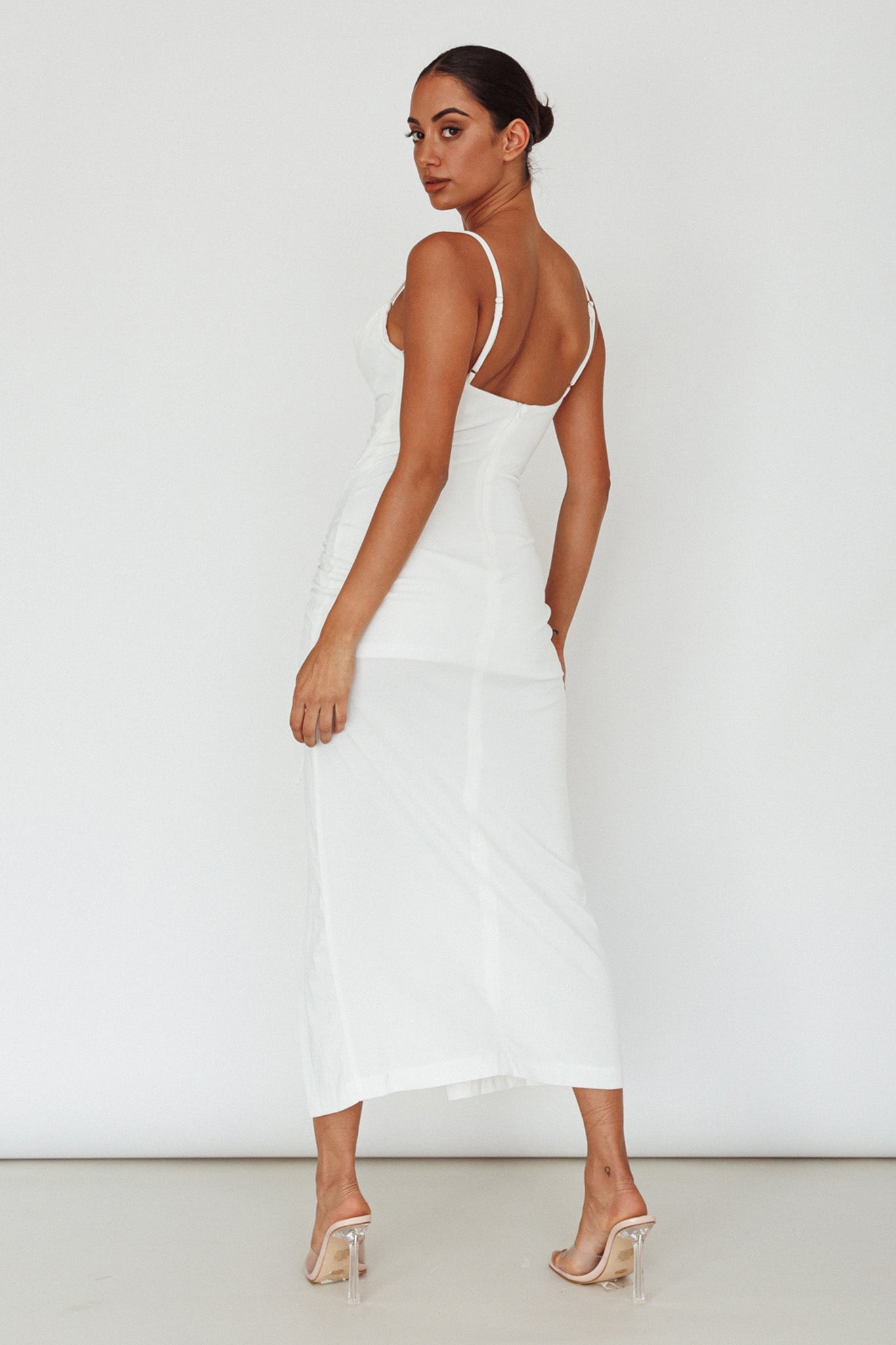 Samba Night Drawstring Ruched Midi Dress White by Selfie Leslie Australia