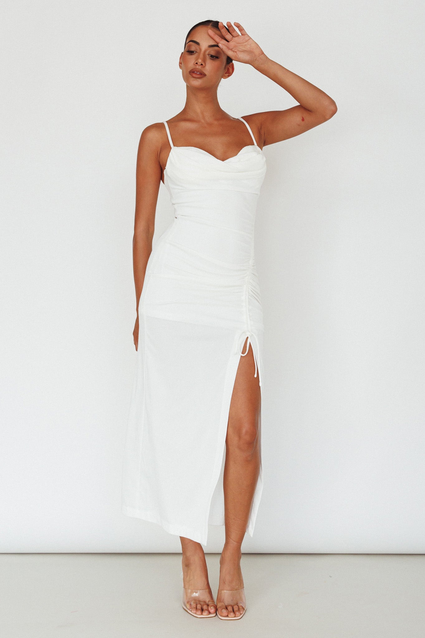 Samba Night Drawstring Ruched Midi Dress White by Selfie Leslie Australia