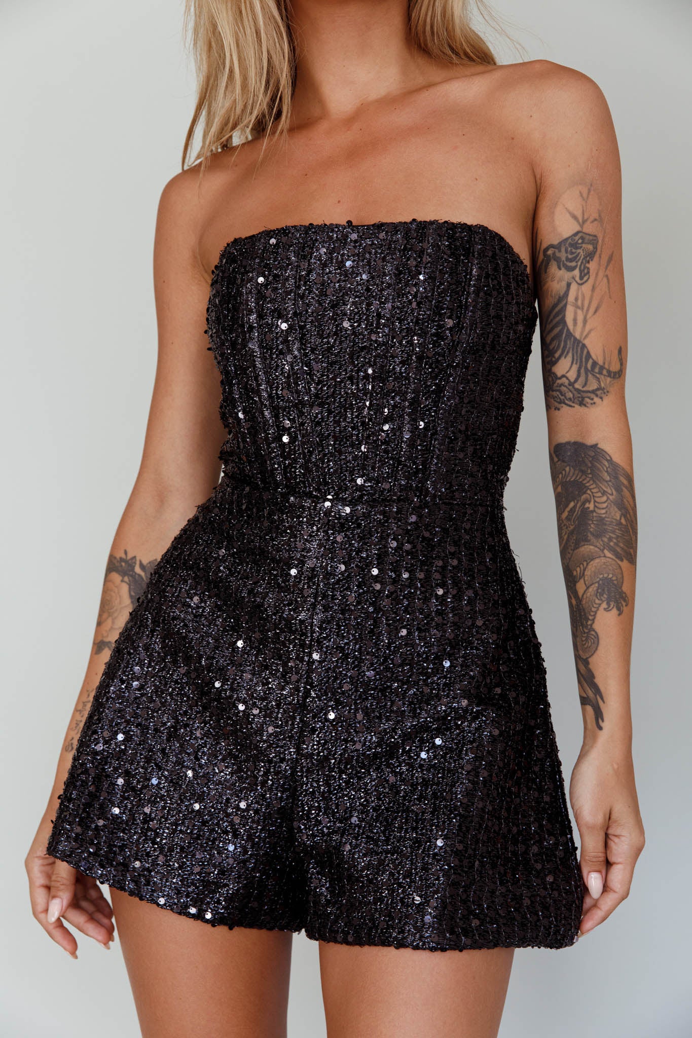 Vivid Dreams Strapless Sequin Romper Black by Selfie Leslie Australia