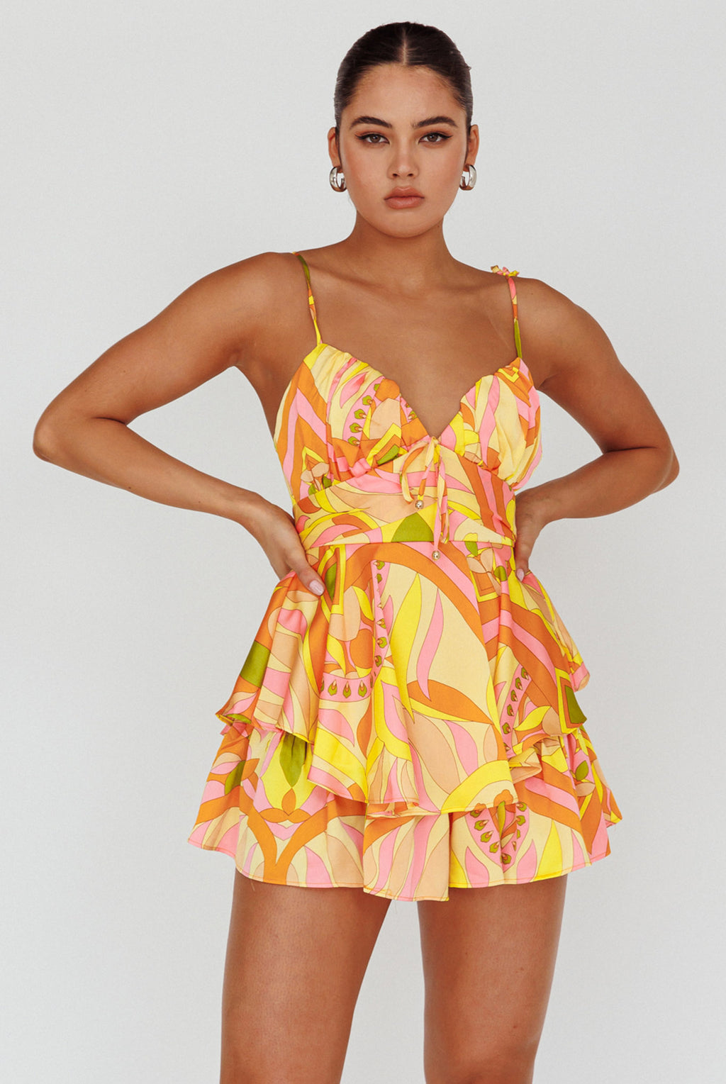 Happy Thoughts Tied Shoulder Romper Yellow Multi by Selfie Leslie Australia