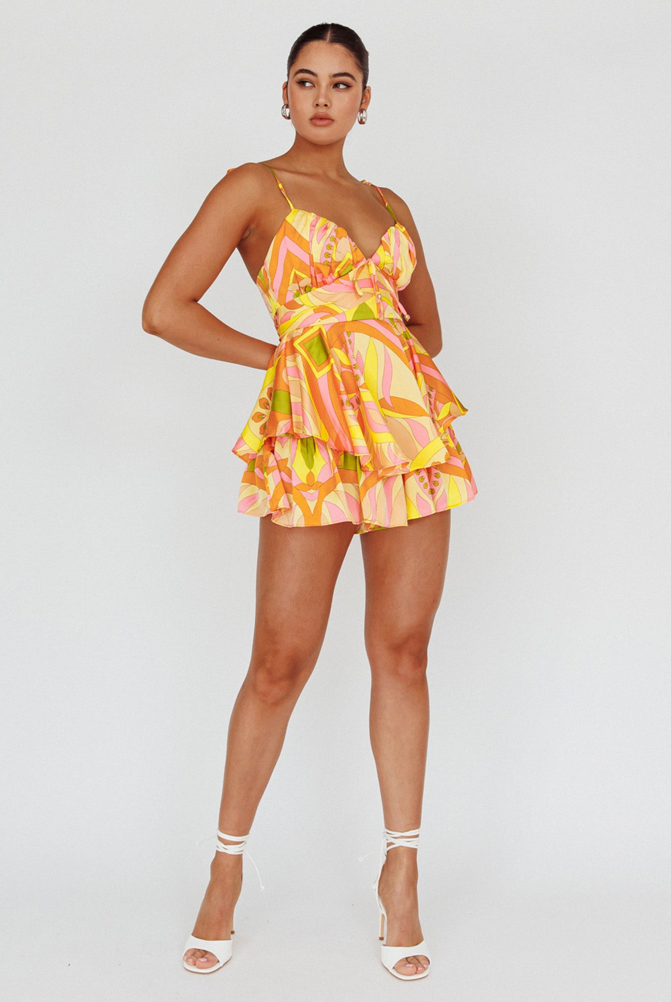 Happy Thoughts Tied Shoulder Romper Yellow Multi by Selfie Leslie Australia