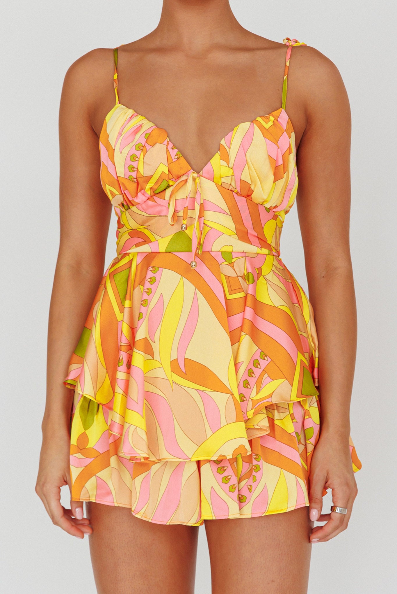 Happy Thoughts Tied Shoulder Romper Yellow Multi by Selfie Leslie Australia