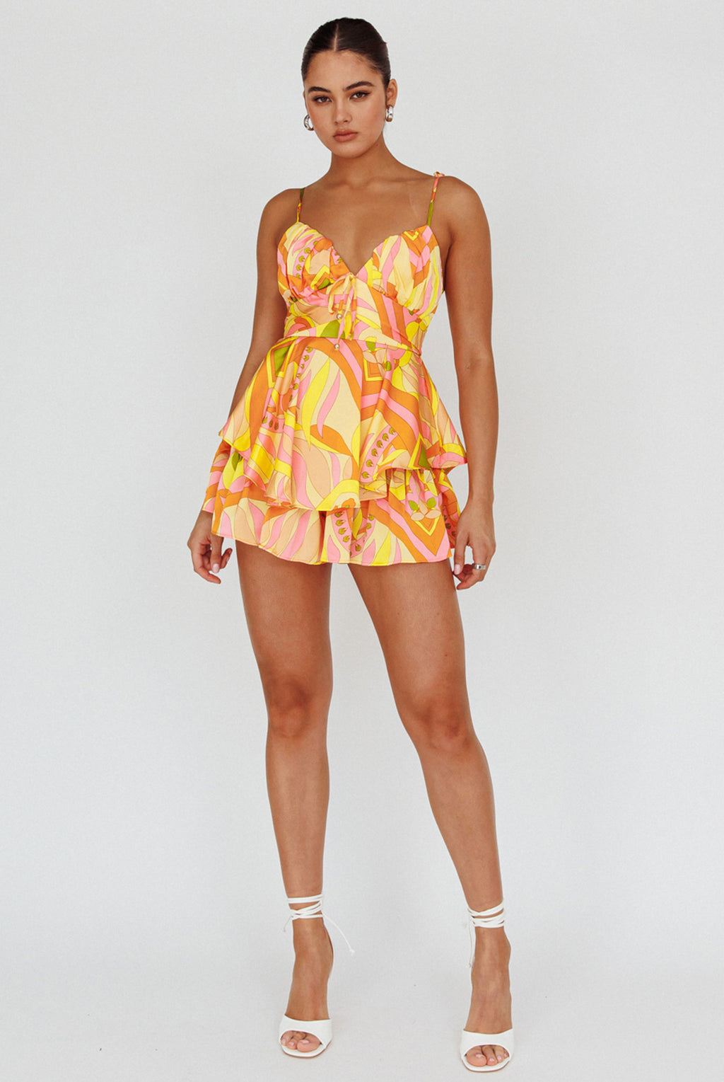 Happy Thoughts Tied Shoulder Romper Yellow Multi by Selfie Leslie Australia