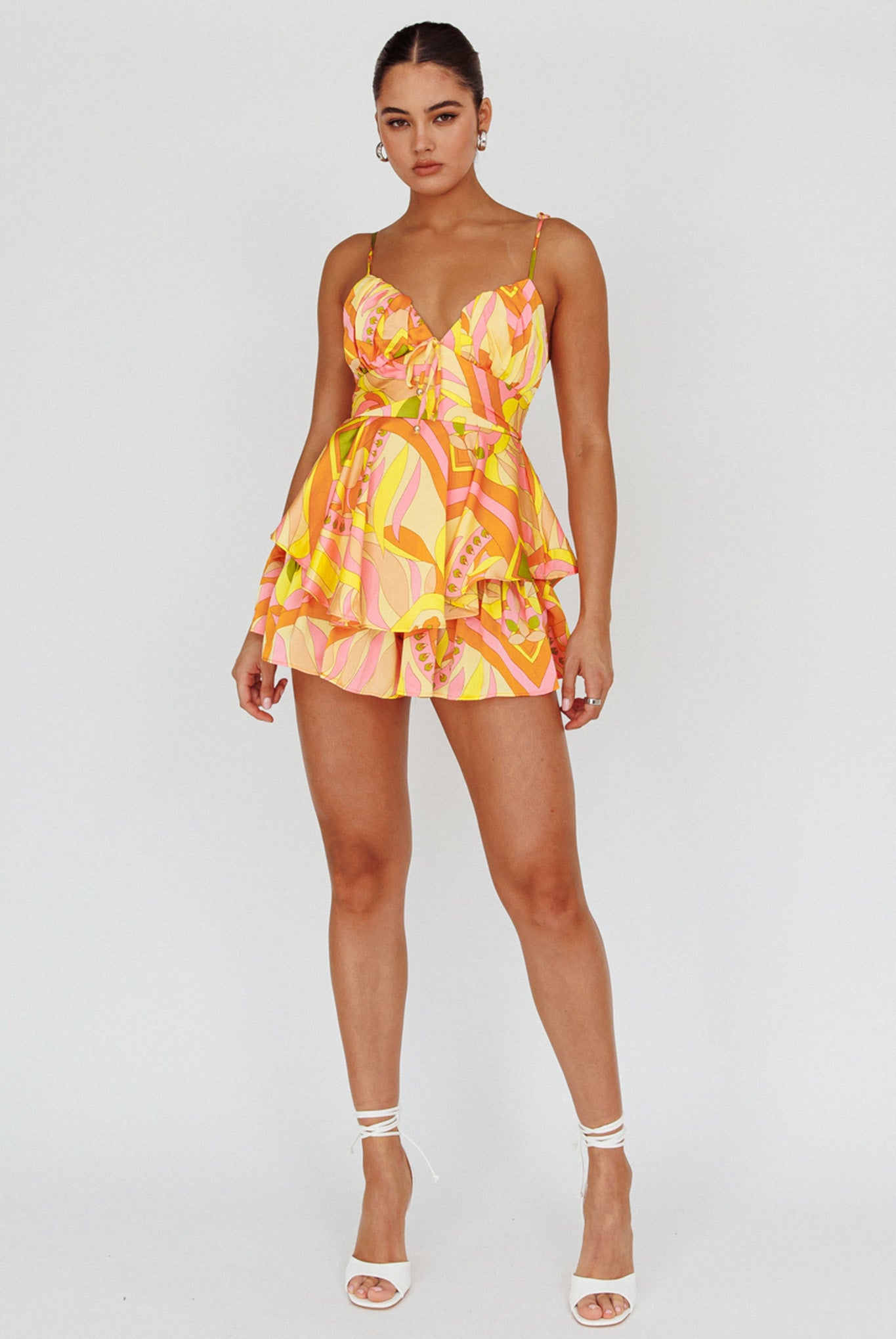 Happy Thoughts Tied Shoulder Romper Yellow Multi by Selfie Leslie Australia