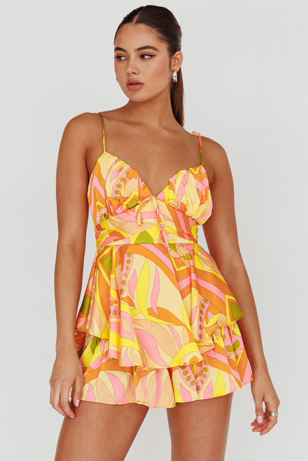 Happy Thoughts Tied Shoulder Romper Yellow Multi by Selfie Leslie Australia