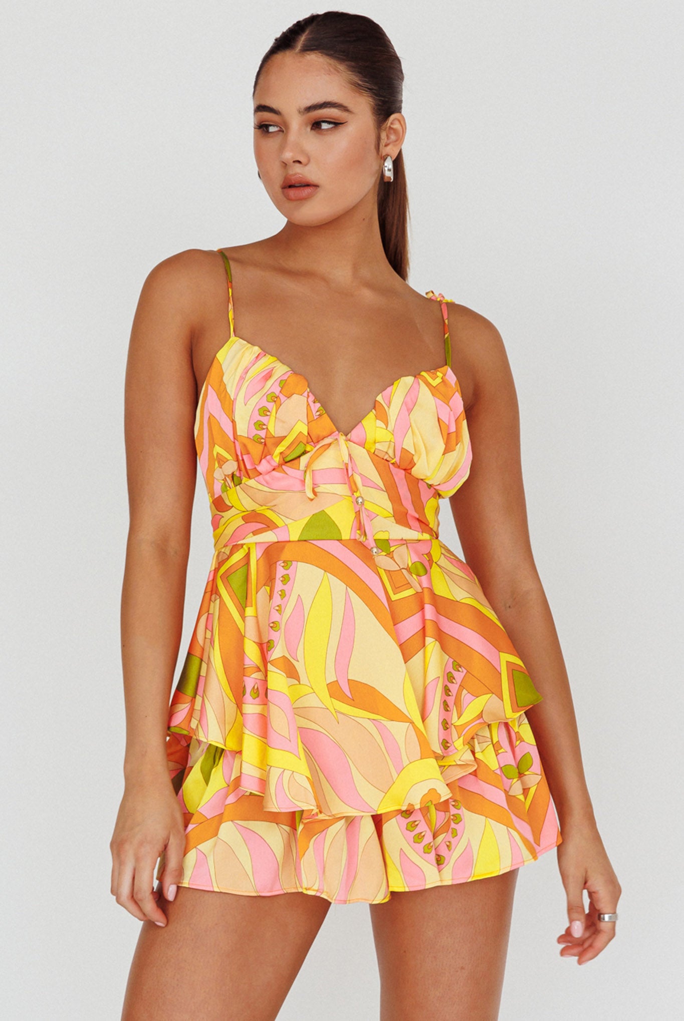 Happy Thoughts Tied Shoulder Romper Yellow Multi by Selfie Leslie Australia