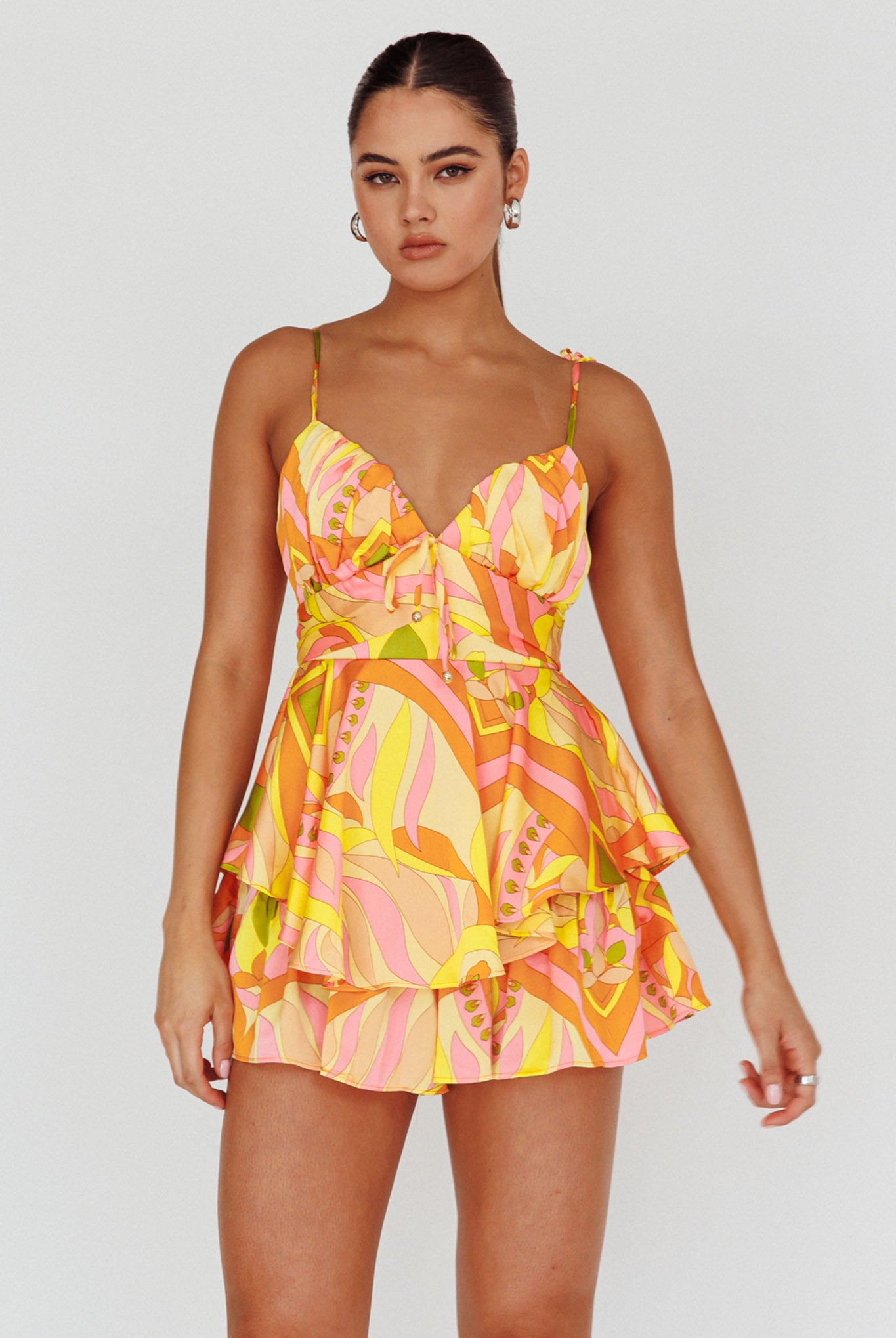 Happy Thoughts Tied Shoulder Romper Yellow Multi by Selfie Leslie Australia