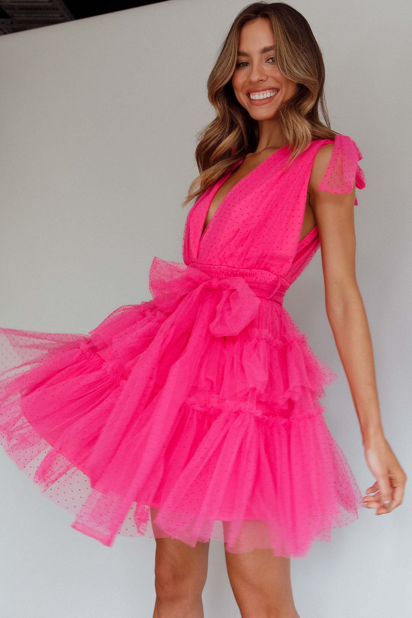 Lyra Spotted Tulle Mini Dress Hot Pink by Selfie Leslie Australia
