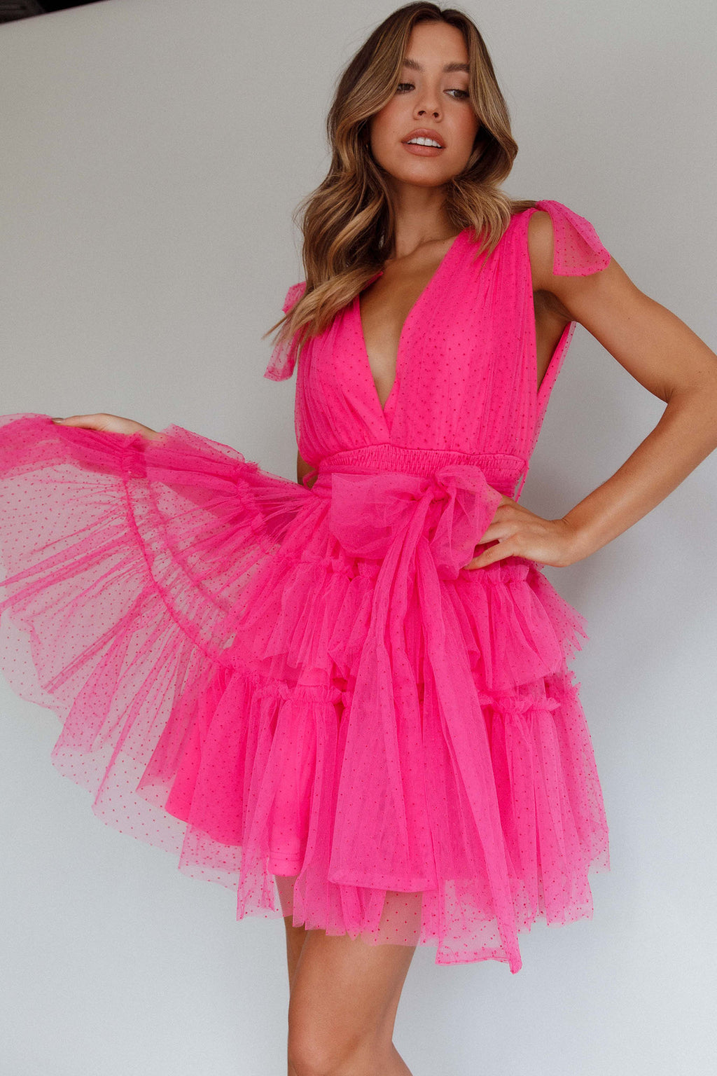Lyra Spotted Tulle Mini Dress Hot Pink by Selfie Leslie Australia