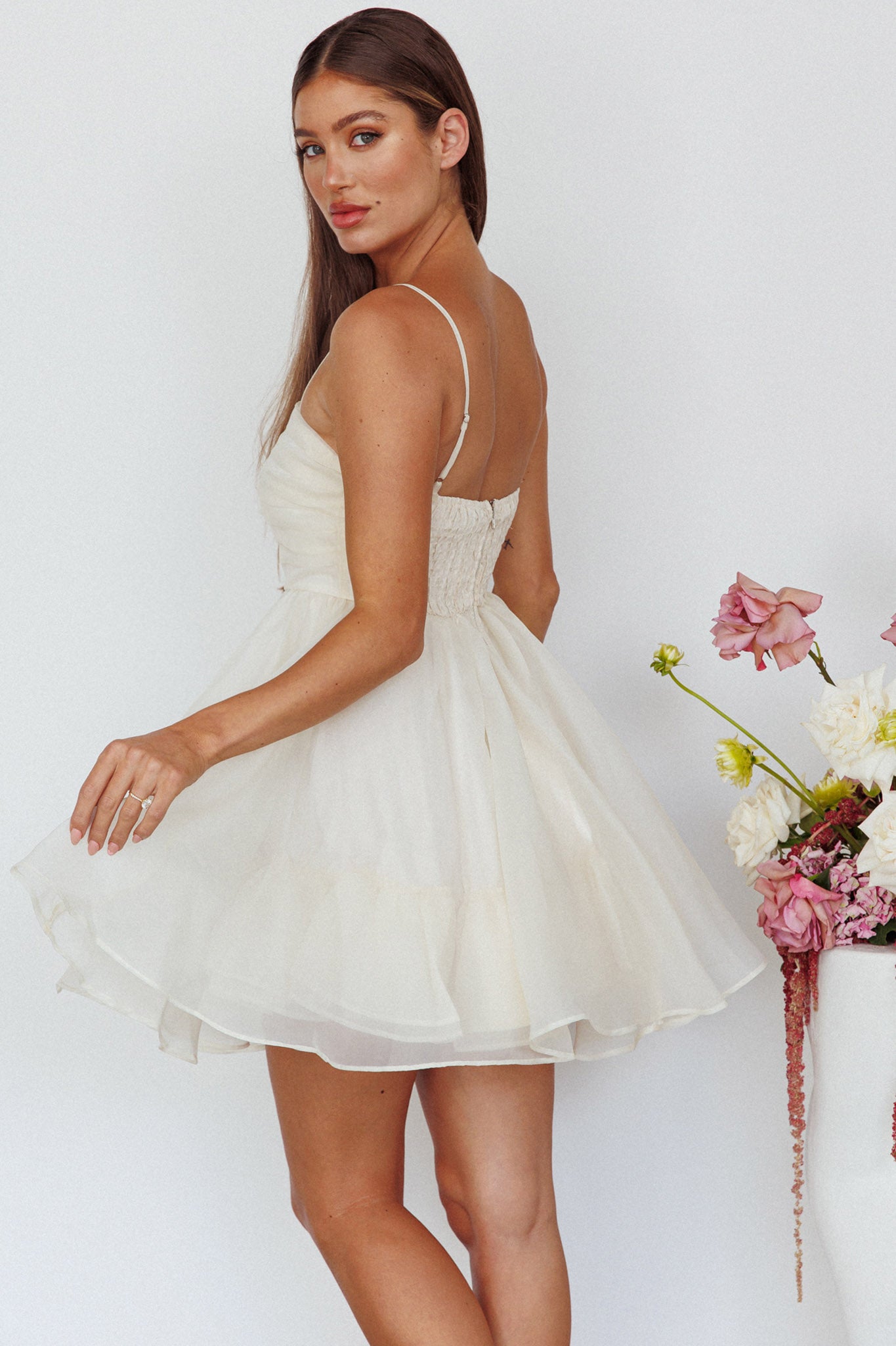 Elyse Pleated Bodice Party Dress Cream by Selfie Leslie Australia