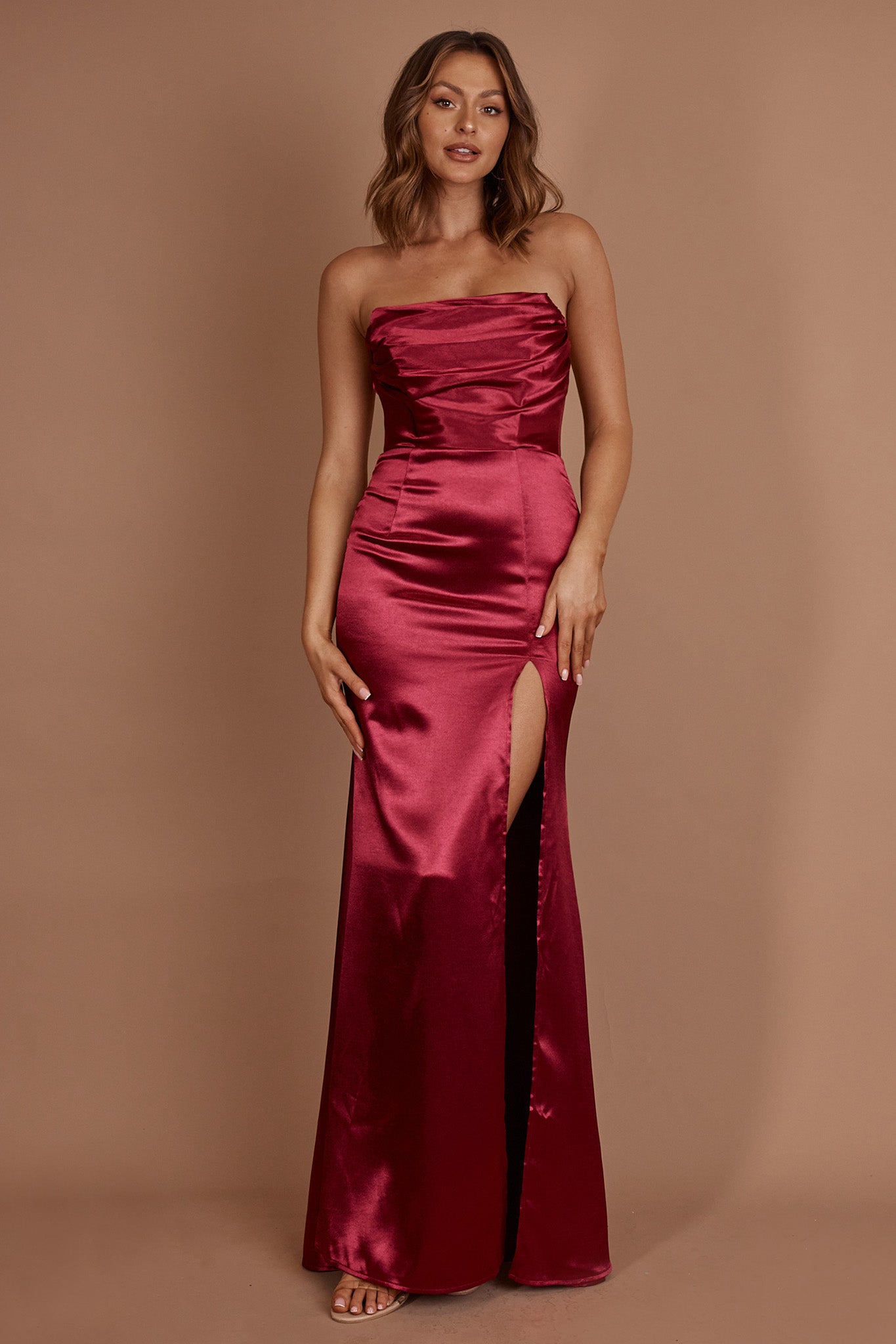 Kalisa Strapless Thigh Split Maxi Dress Burgundy by Selfie Leslie Australia