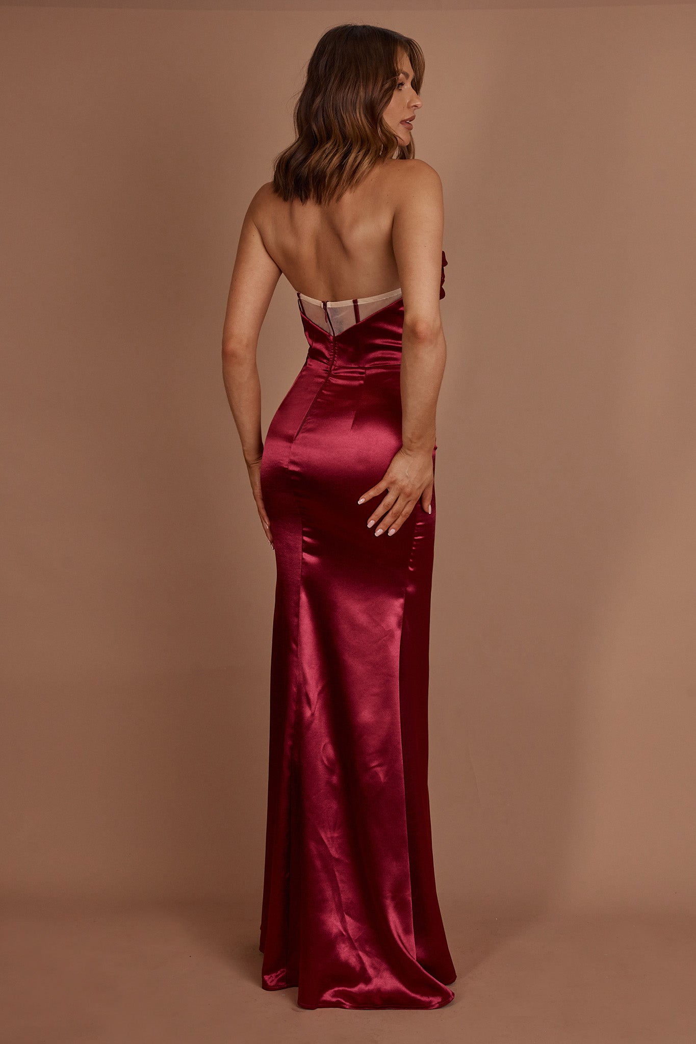 Kalisa Strapless Thigh Split Maxi Dress Burgundy by Selfie Leslie Australia