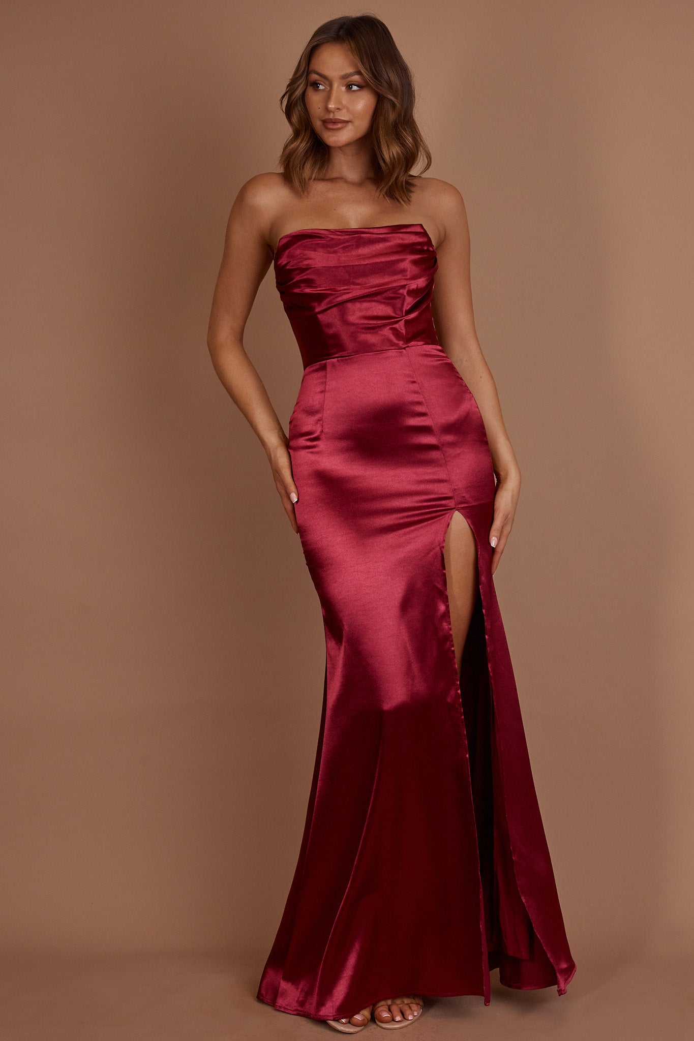 Kalisa Strapless Thigh Split Maxi Dress Burgundy by Selfie Leslie Australia