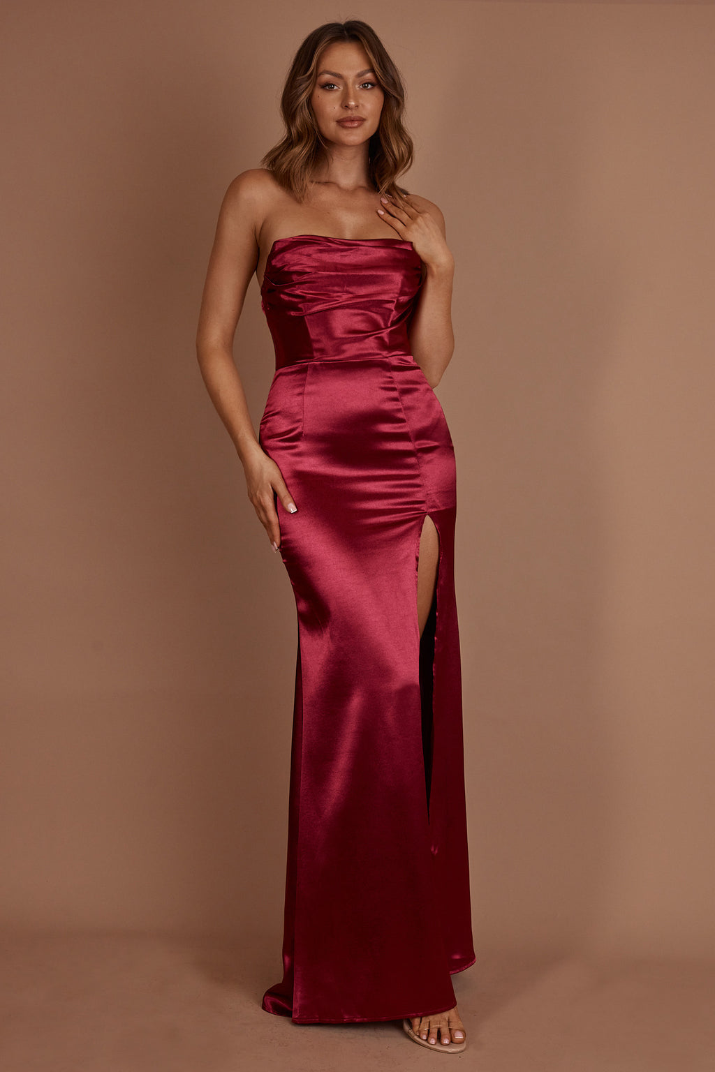 Kalisa Strapless Thigh Split Maxi Dress Burgundy by Selfie Leslie Australia