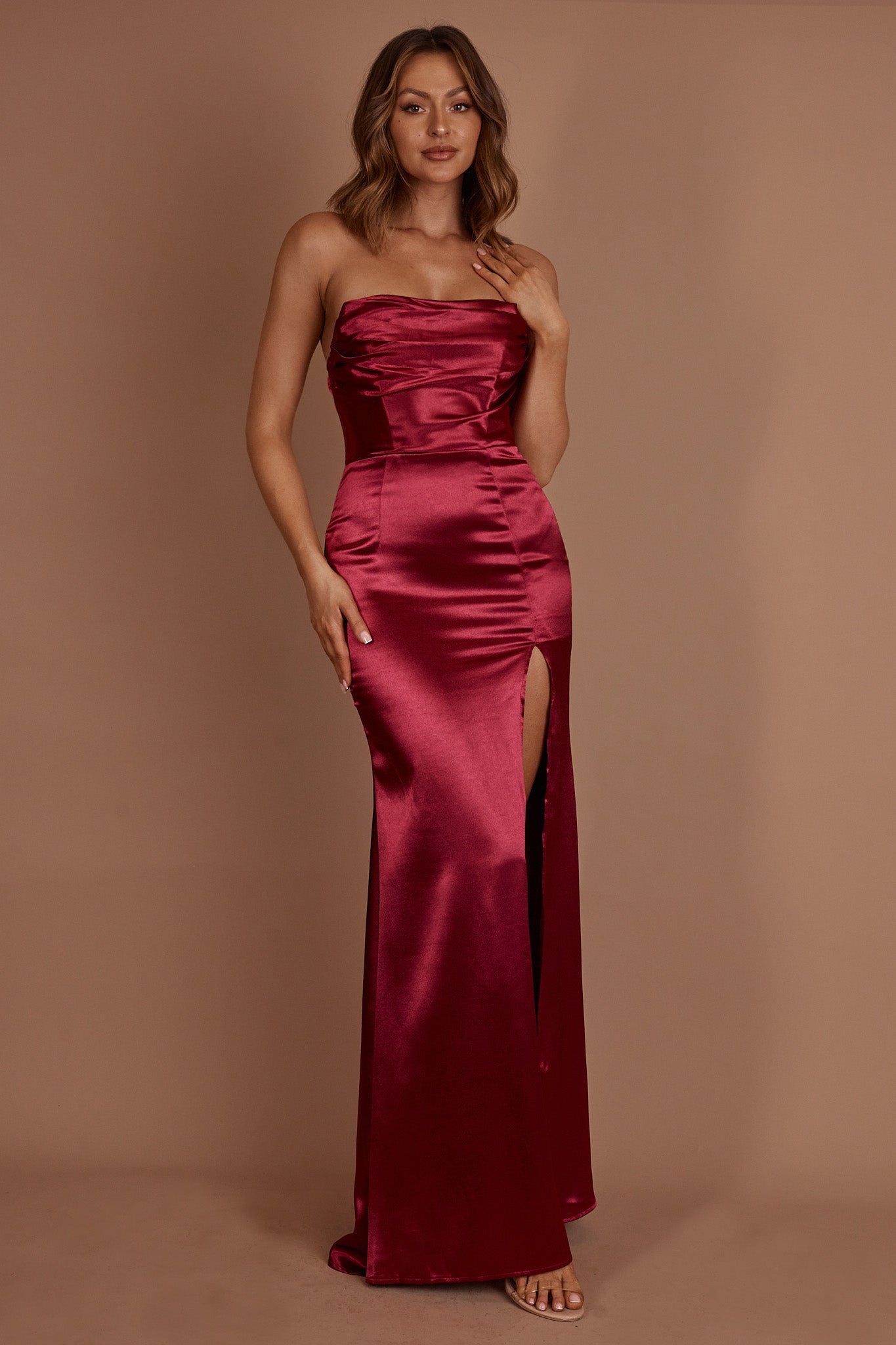 Kalisa Strapless Thigh Split Maxi Dress Burgundy by Selfie Leslie Australia