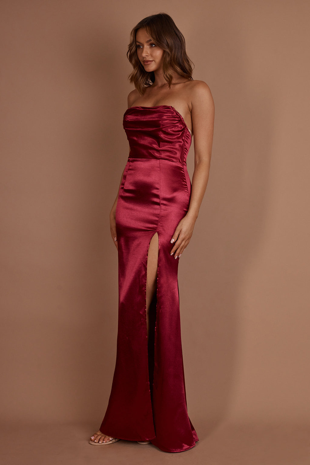 Kalisa Strapless Thigh Split Maxi Dress Burgundy by Selfie Leslie Australia
