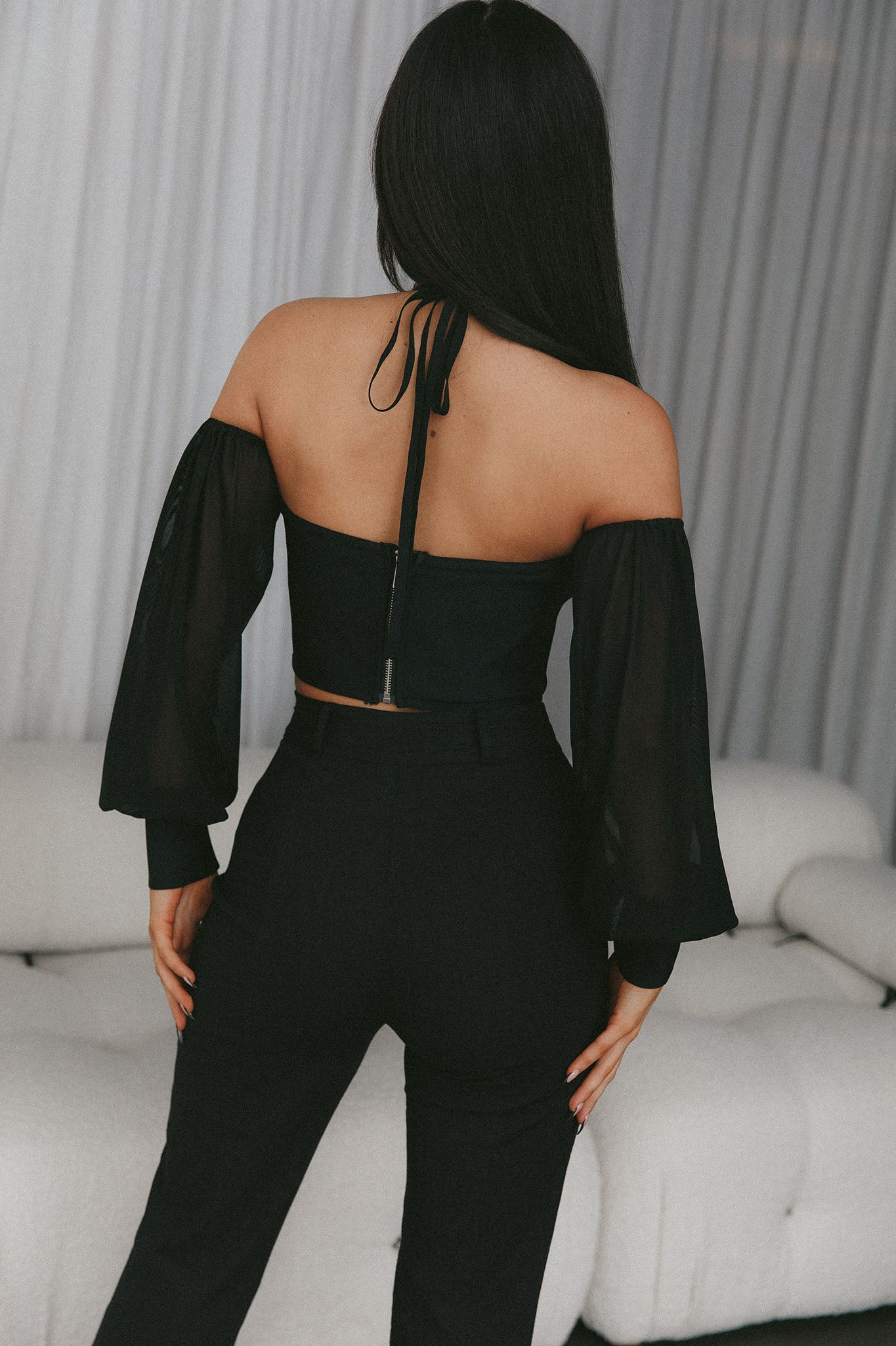 Adonica Halterneck Lantern Sleeve Top Black by Selfie Leslie