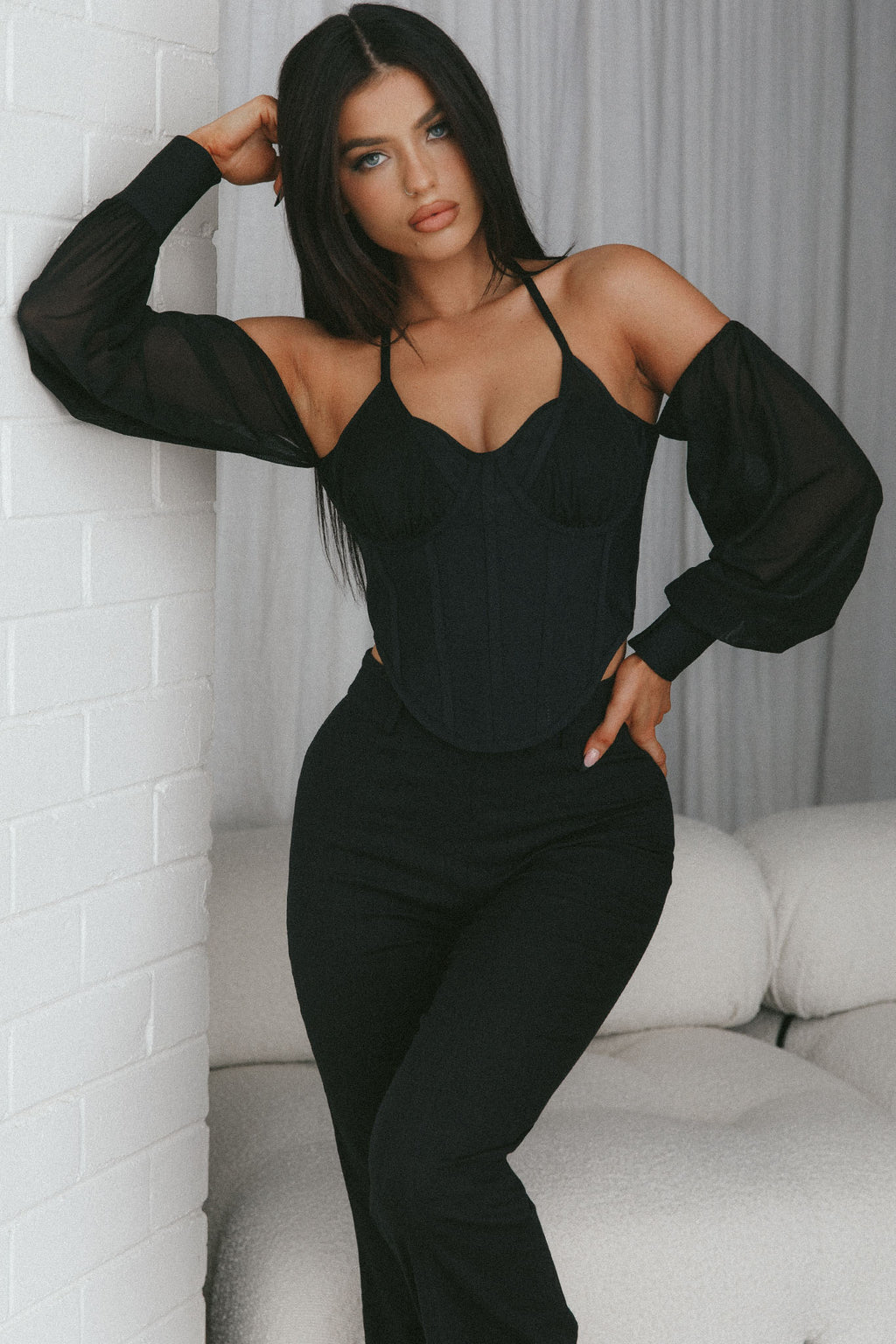 Adonica Halterneck Lantern Sleeve Top Black by Selfie Leslie Australia