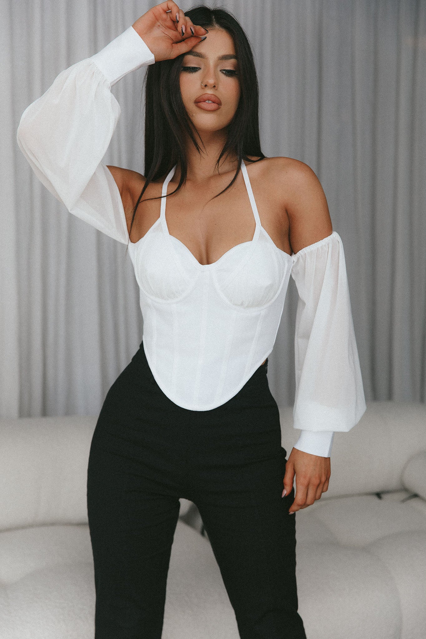 Adonica Halterneck Lantern Sleeve Top White by Selfie Leslie