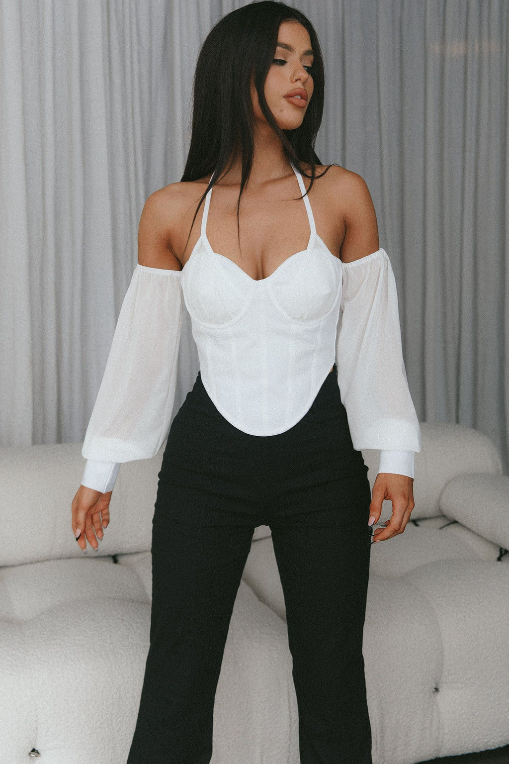Adonica Halterneck Lantern Sleeve Top White by Selfie Leslie