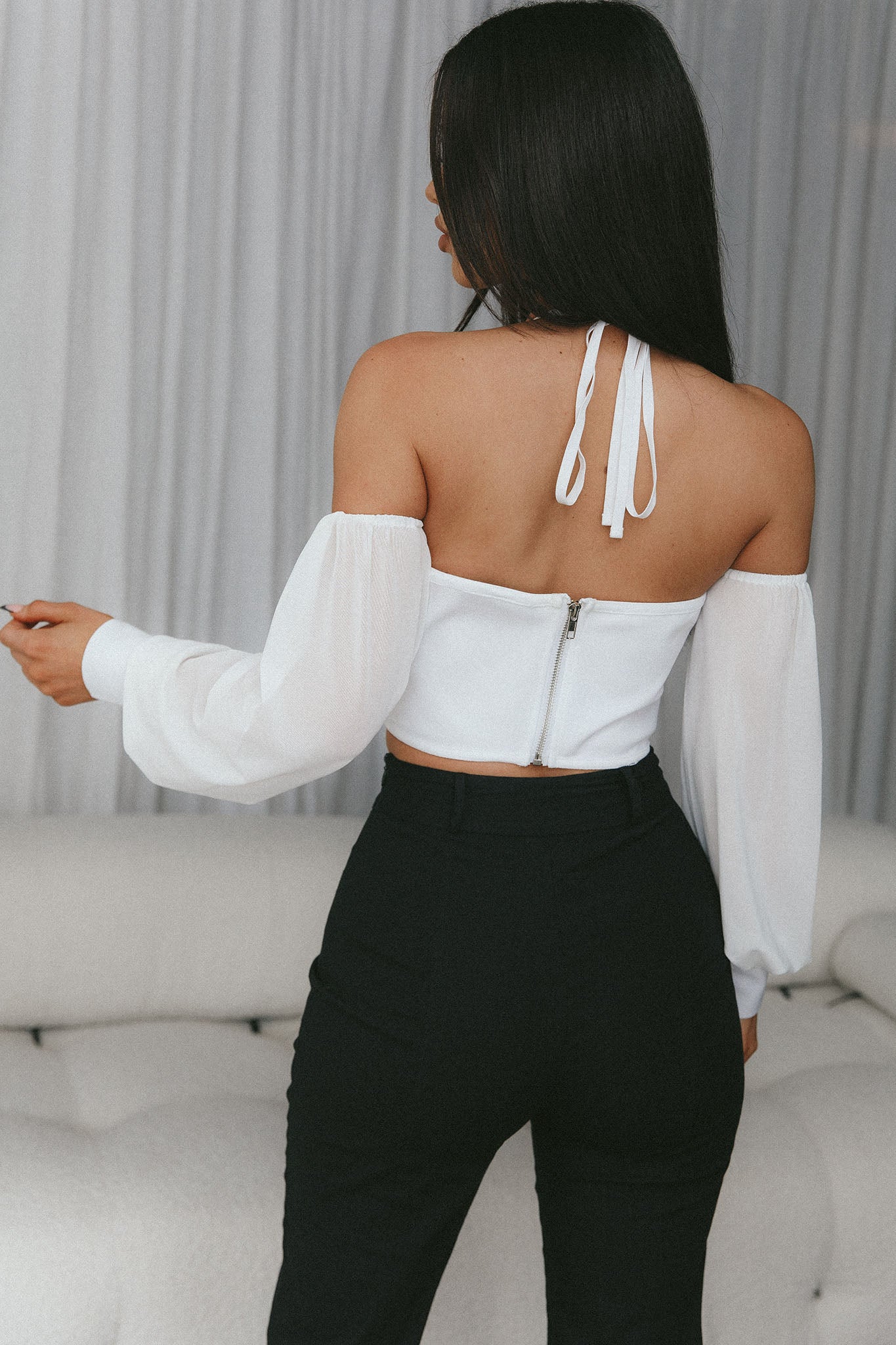 Adonica Halterneck Lantern Sleeve Top White by Selfie Leslie