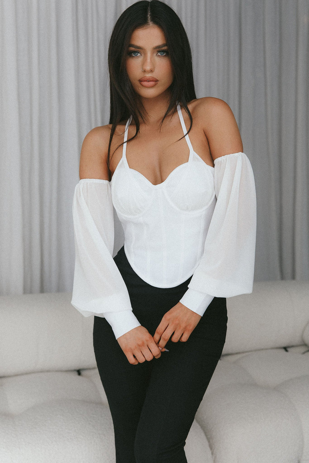 Adonica Halterneck Lantern Sleeve Top White by Selfie Leslie