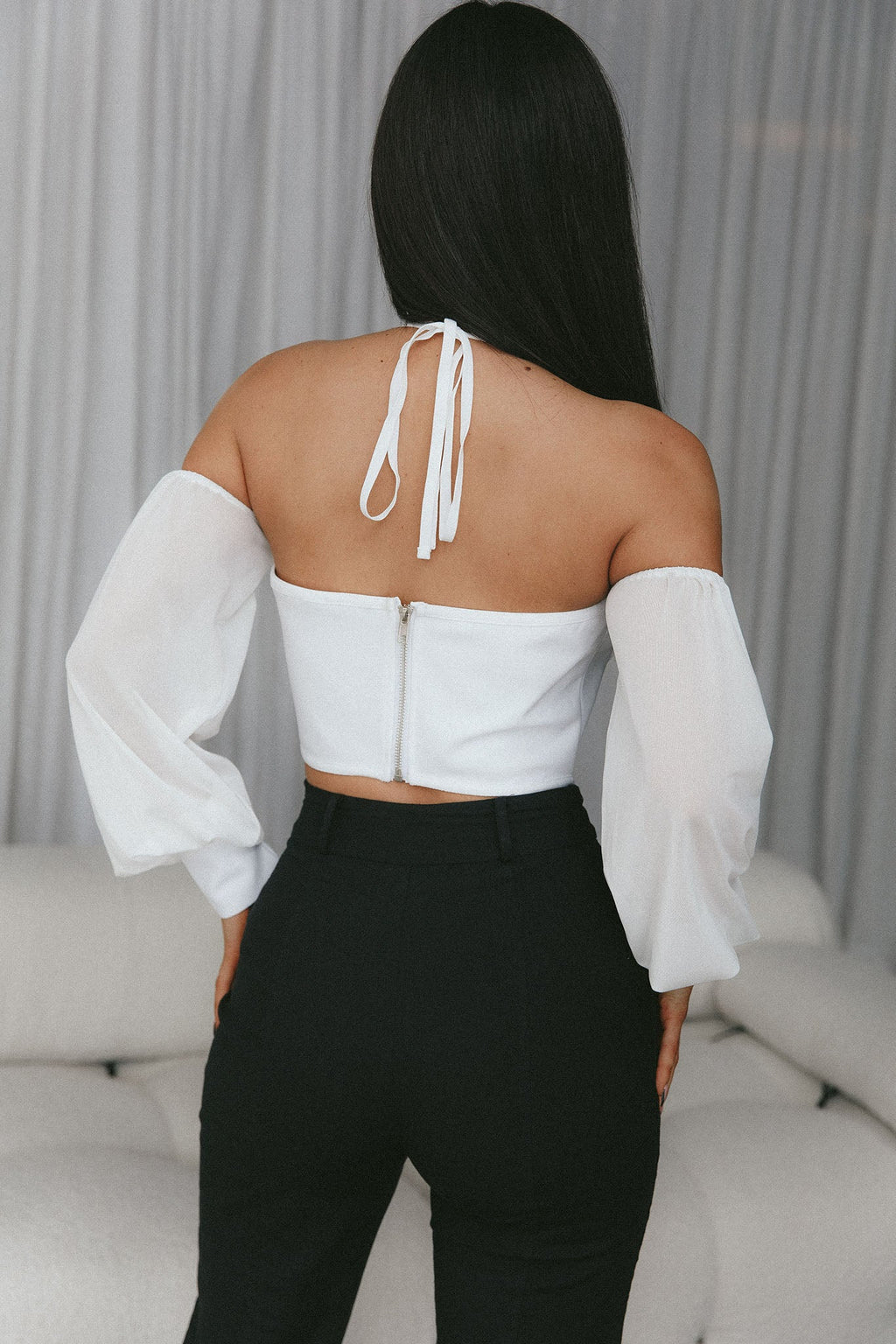 Adonica Halterneck Lantern Sleeve Top White by Selfie Leslie