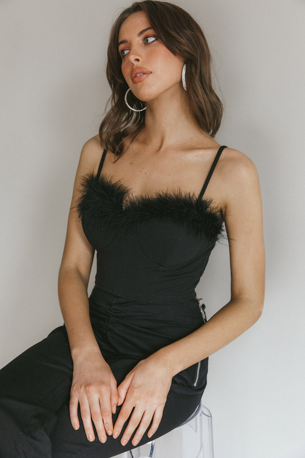 Jovi Feather-Trim Crop Top Black by Selfie Leslie